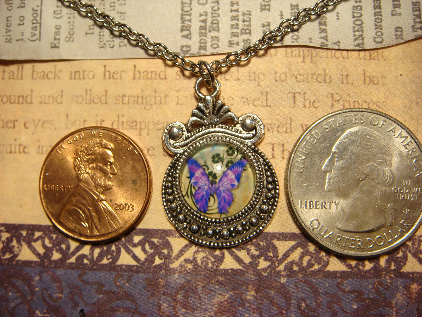 Purple Butterfly Image Small Ornate Necklace