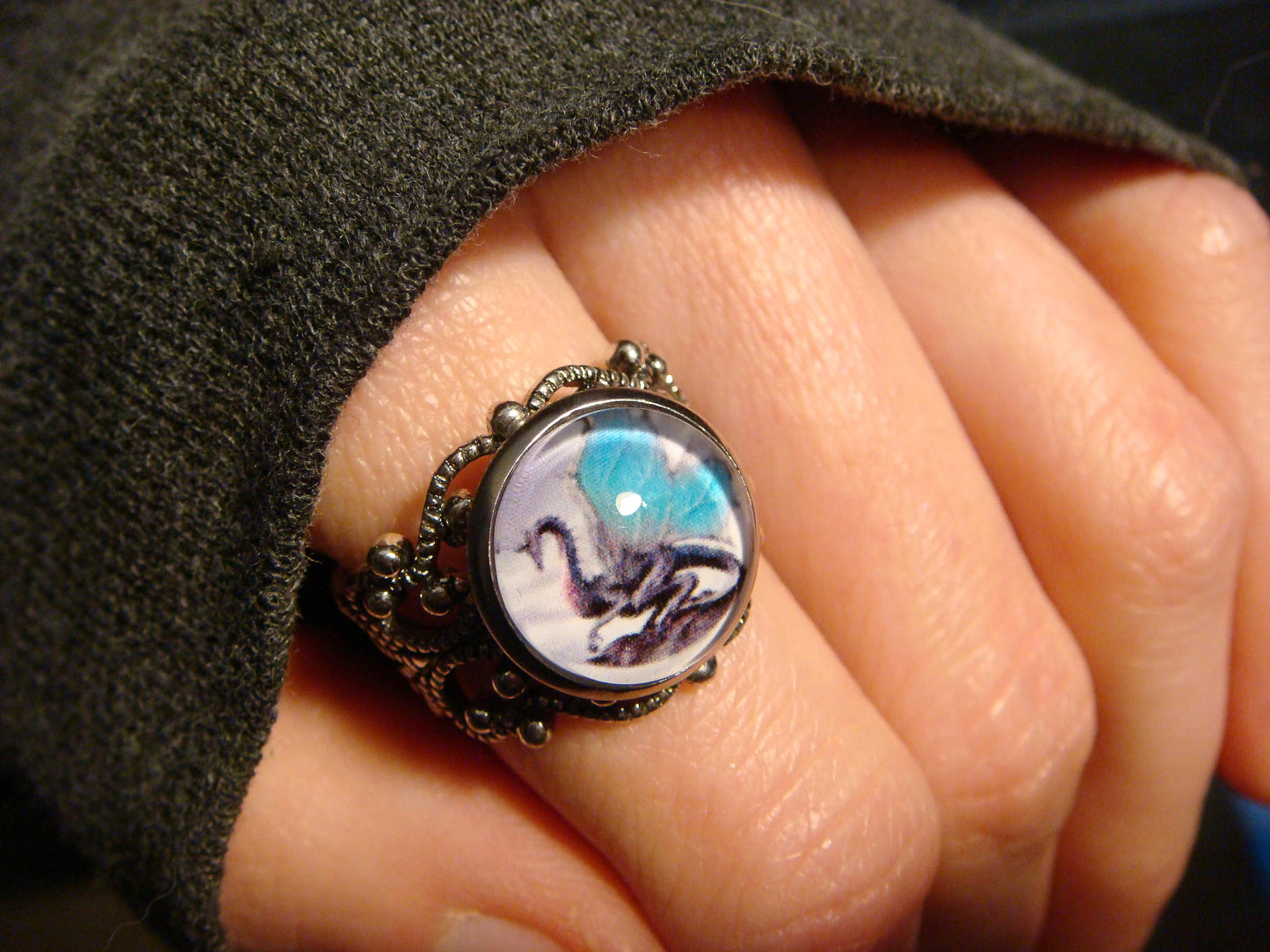 Dragon Image Filigree Ring in Antique Silver - Adjustable