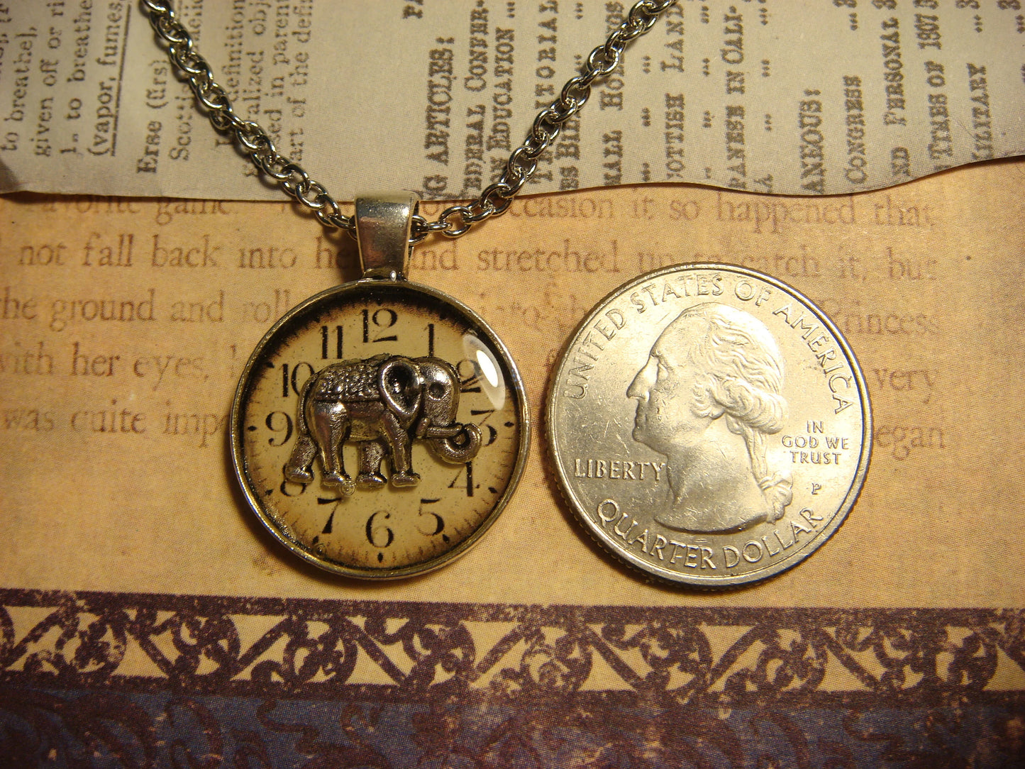 Elephant over Clock Small Pendant Necklace