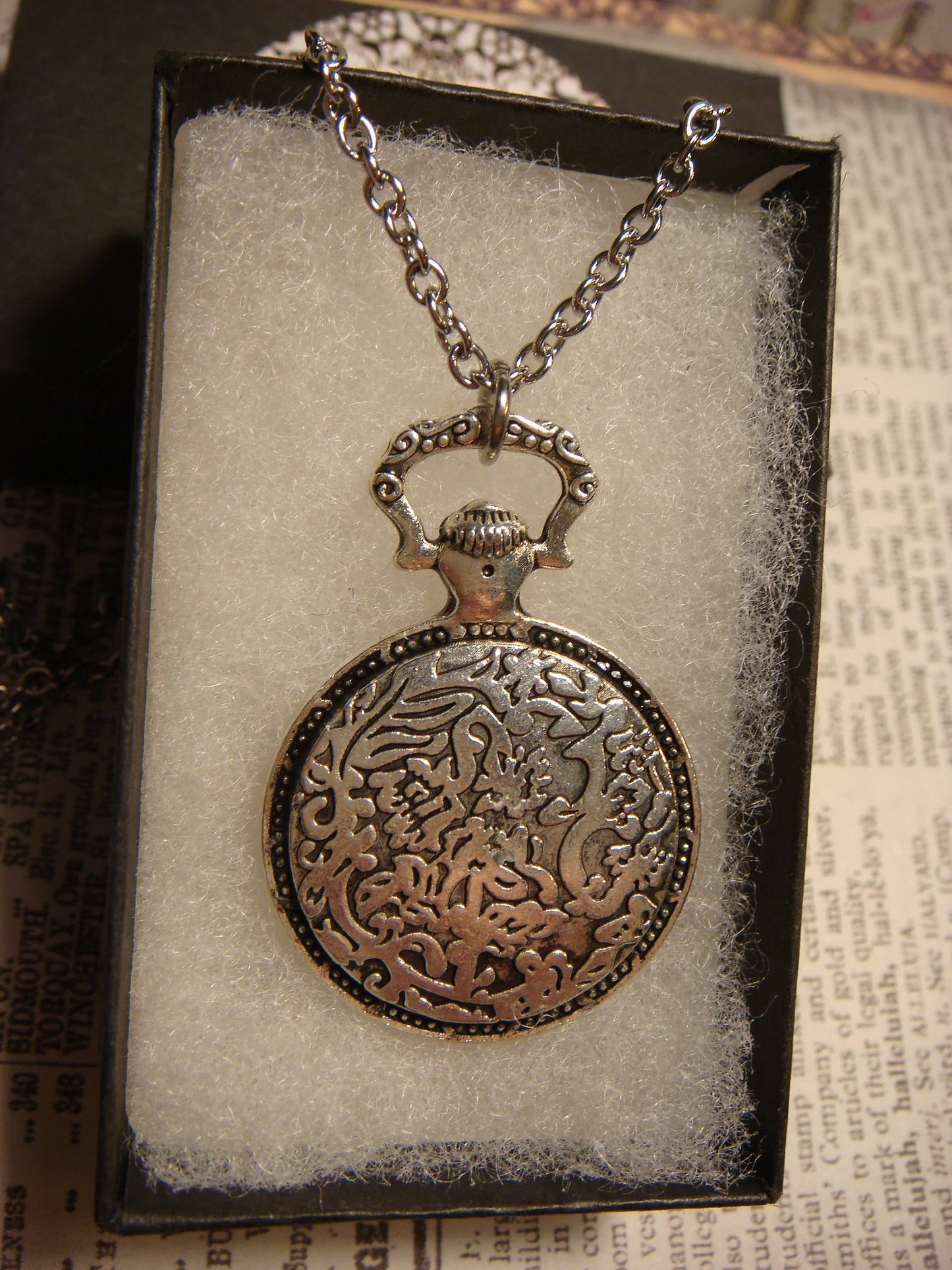Elephant over Etched Gear Pocket Watch Pendant Necklace