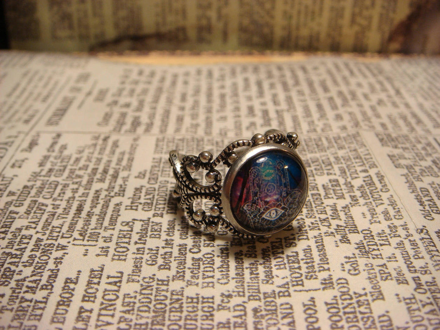 Colorful Hamsa Image Filigree Ring in Antique Silver - Adjustable