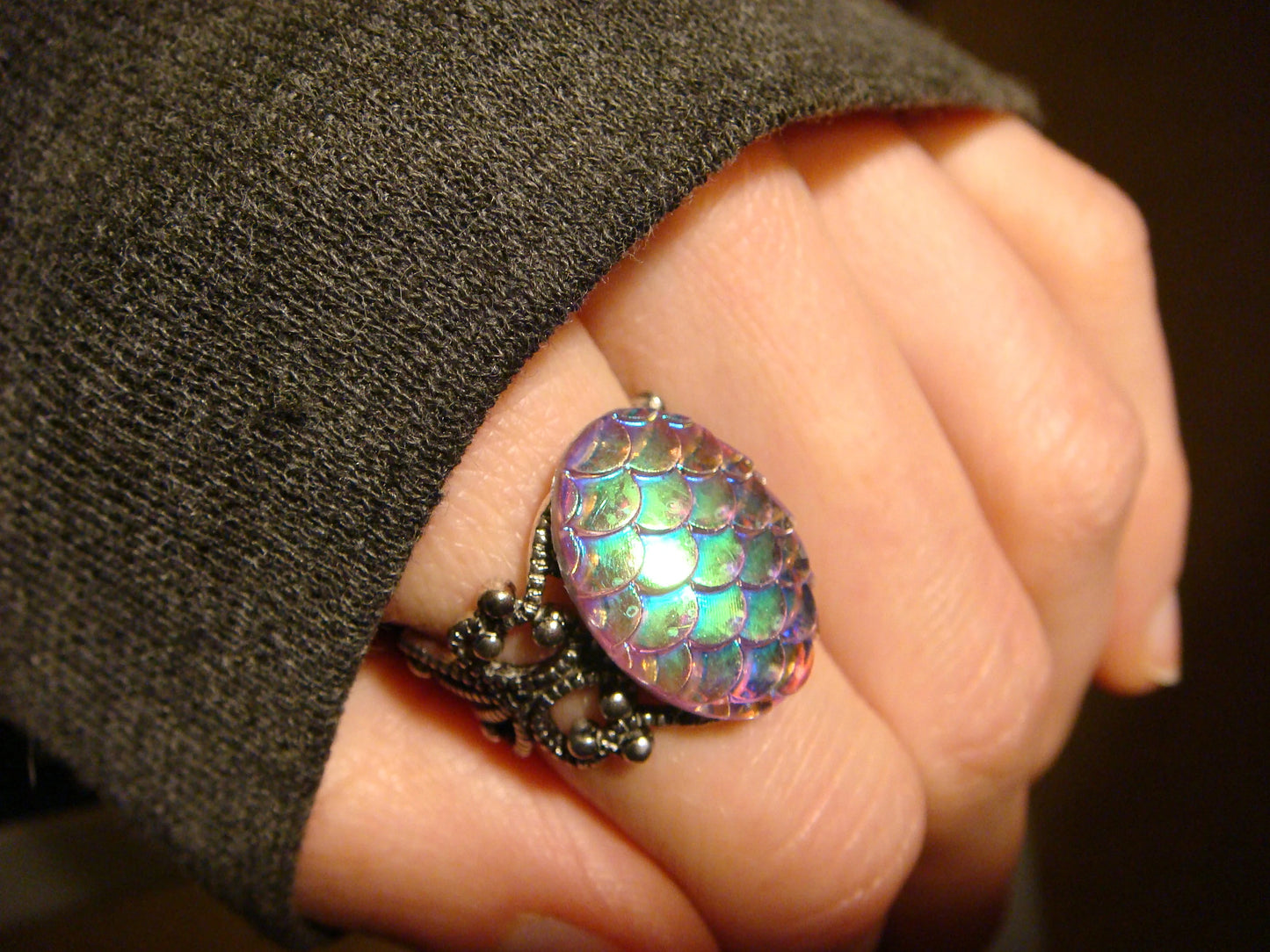Iridescent Pink Scales Filigree Ring in Antique Silver - Adjustable