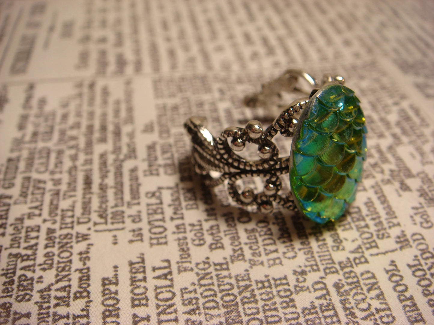 Iridescent Green-Blue Scales Filigree Ring in Antique Silver - Adjustable