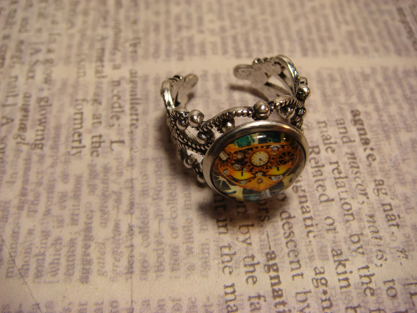 Steampunk Cat Image Filigree Ring in Antique Silver - Adjustable