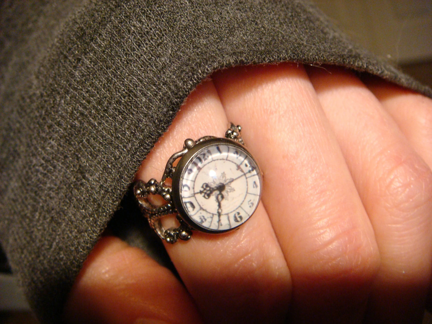 Clock Image Filigree Ring in Antique Silver - Adjustable