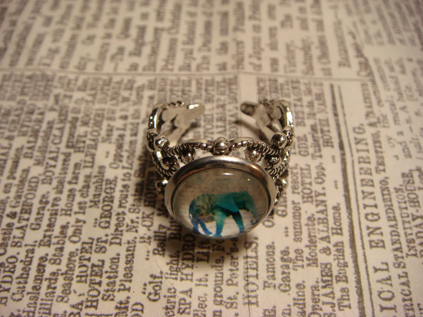 Elephant Image Filigree Ring in Antique Silver - Adjustable