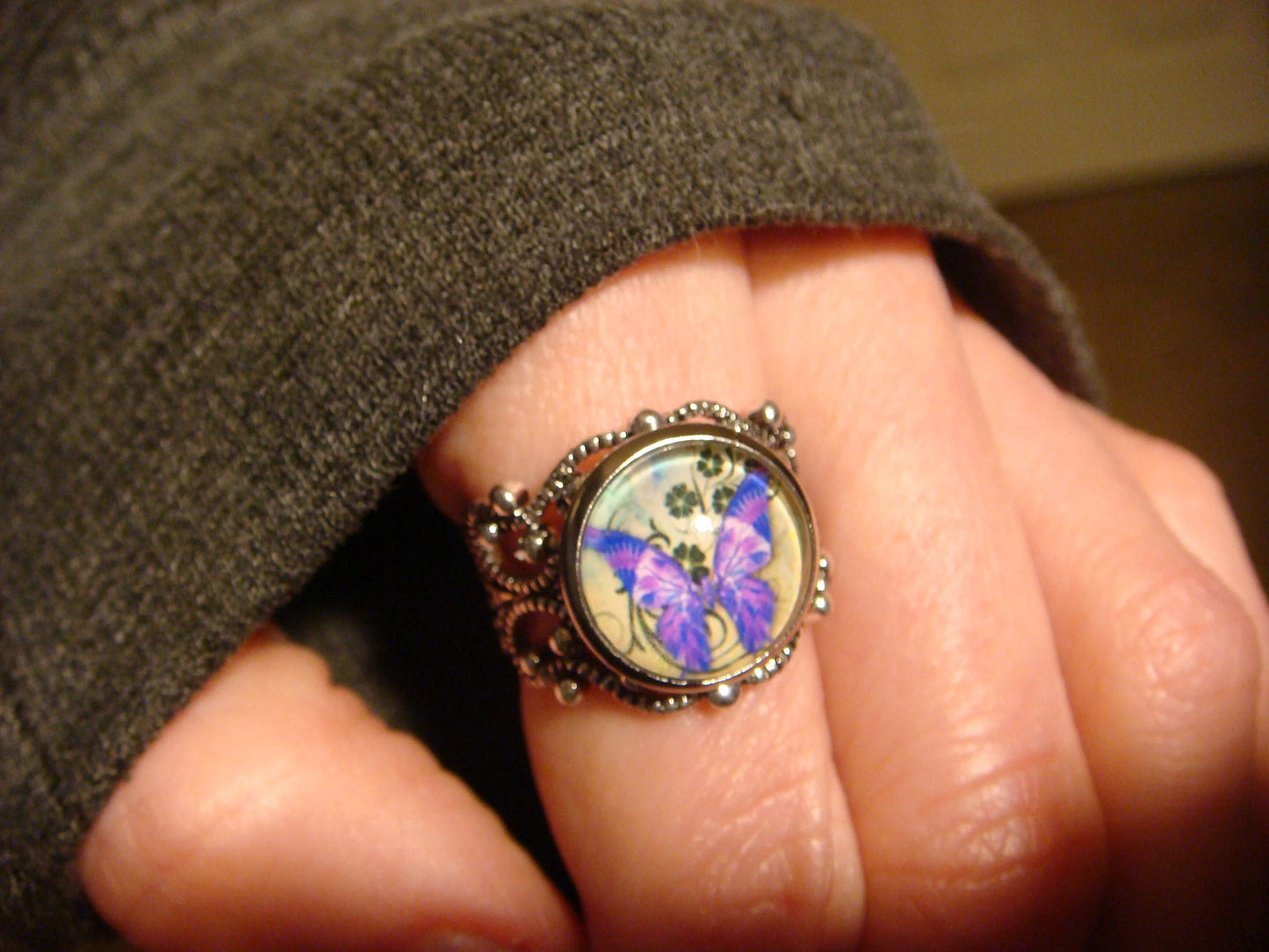 Purple Butterfly Image Filigree Ring in Antique Silver - Adjustable