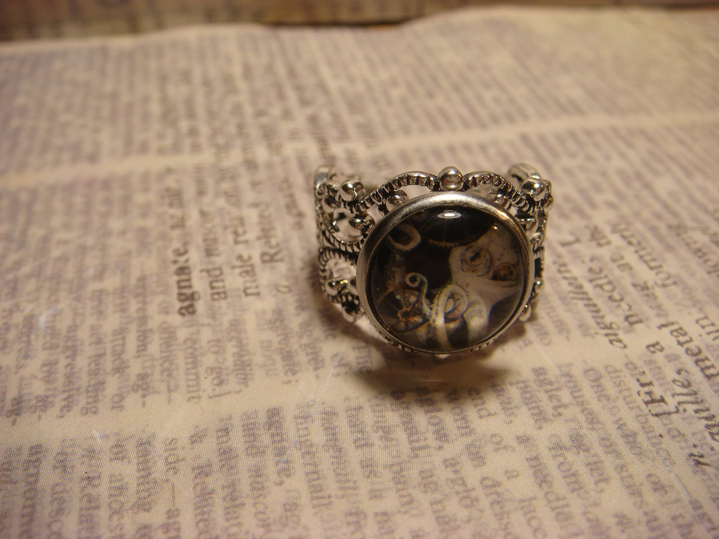 Steampunk Octopus Image Filigree Ring in Antique Silver - Adjustable
