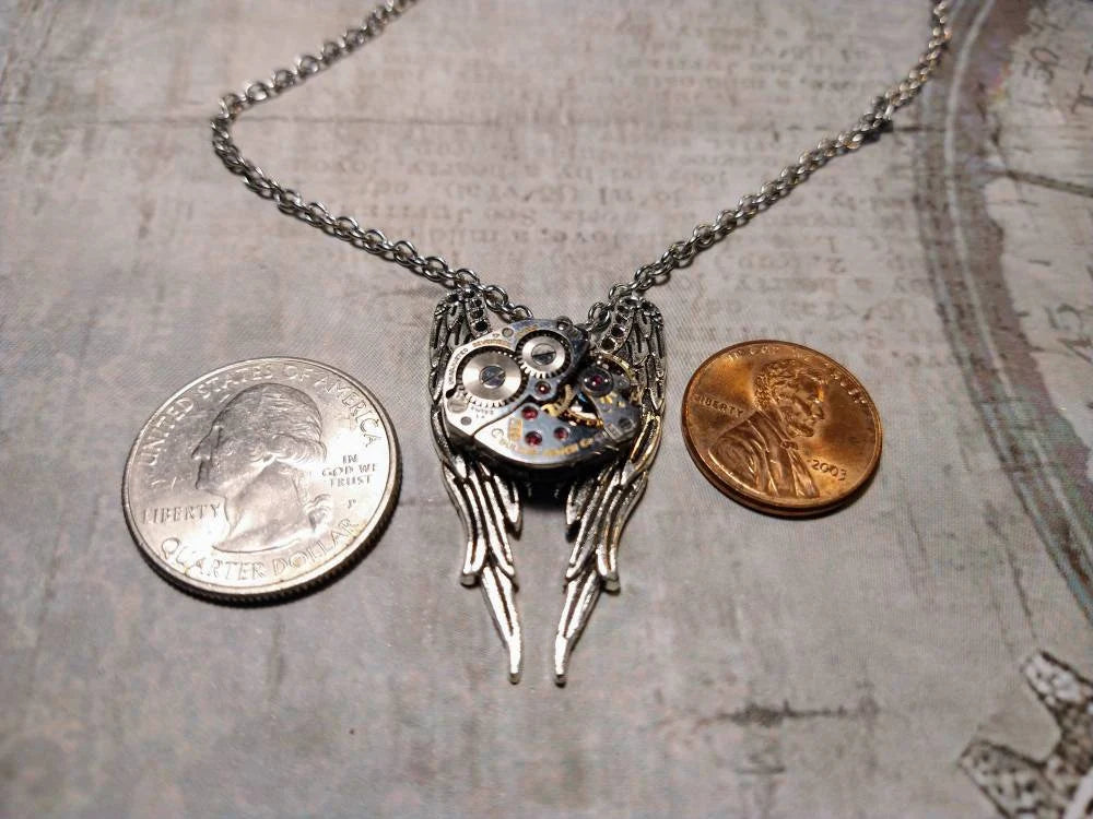 Steampunk Wings Watch Movement Necklace with Exposed Gears