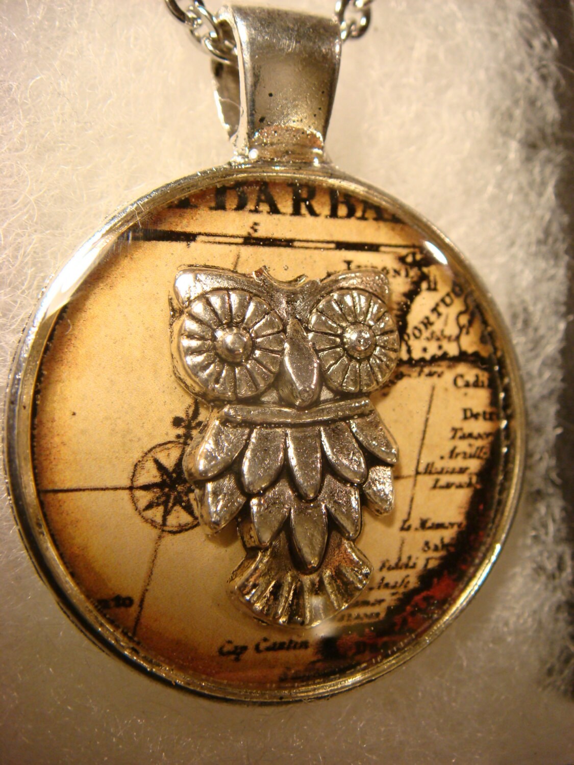 Owl over Map Pendant Necklace