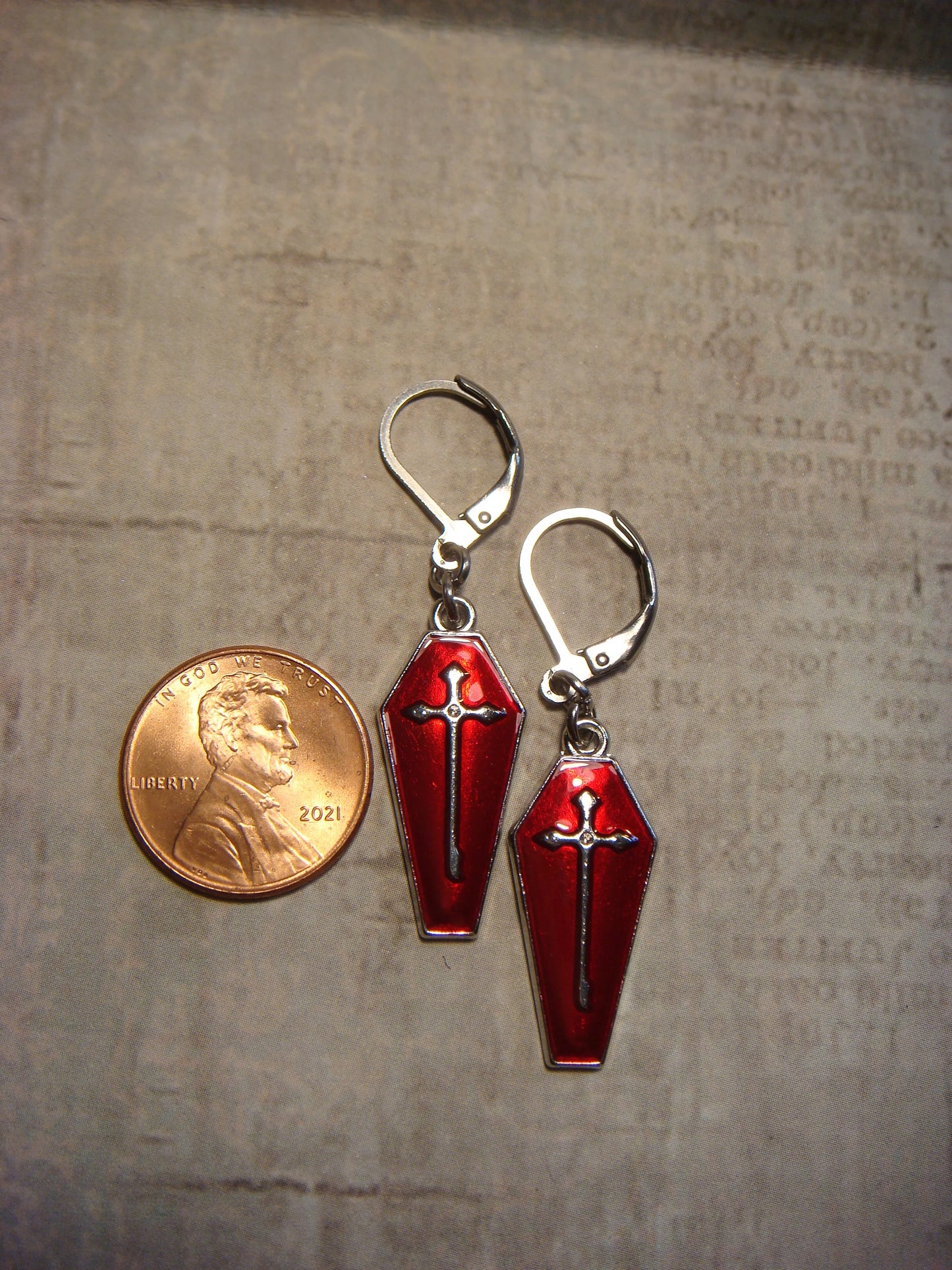 Red Coffin Dangle Earrings in Antique Silver