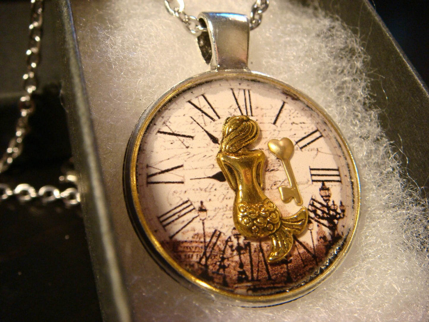 Mermaid and Key over Victorian Clock Pendant Necklace