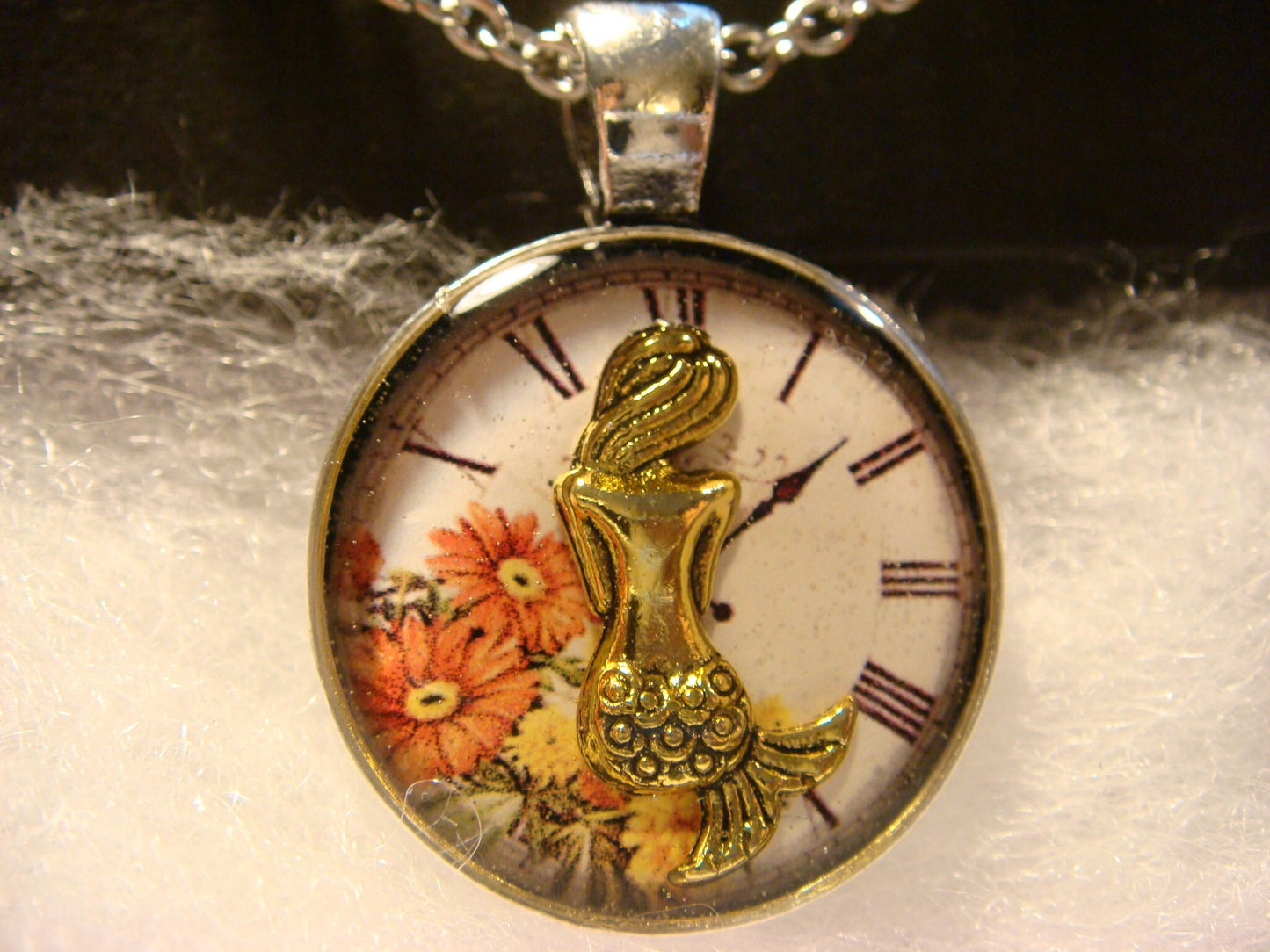 Mermaid over Floral Clock Small Pendant Necklace
