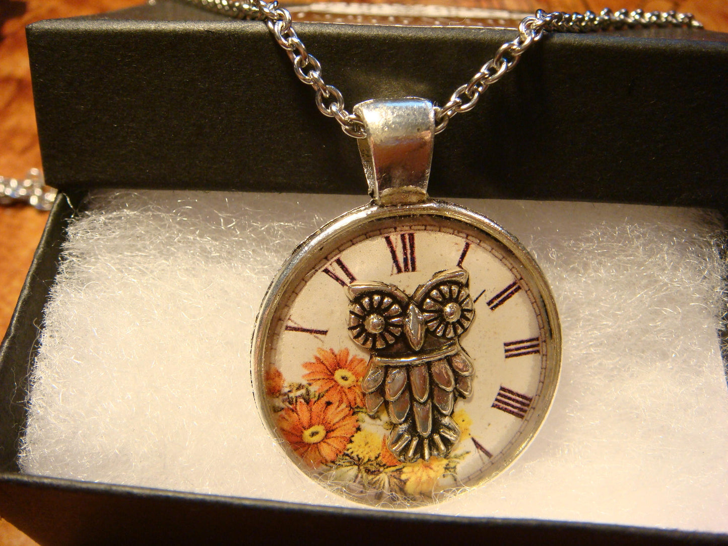 Owl over Floral Clock Pendant Necklace
