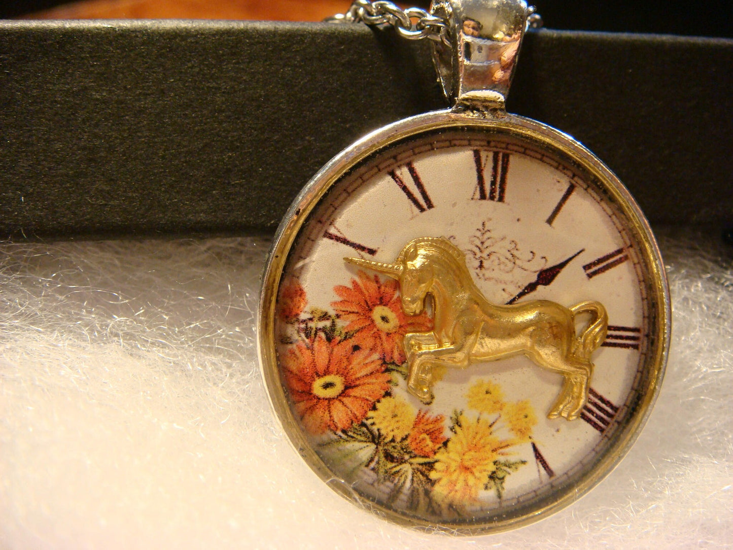 Unicorn over Floral Clock Pendant Necklace