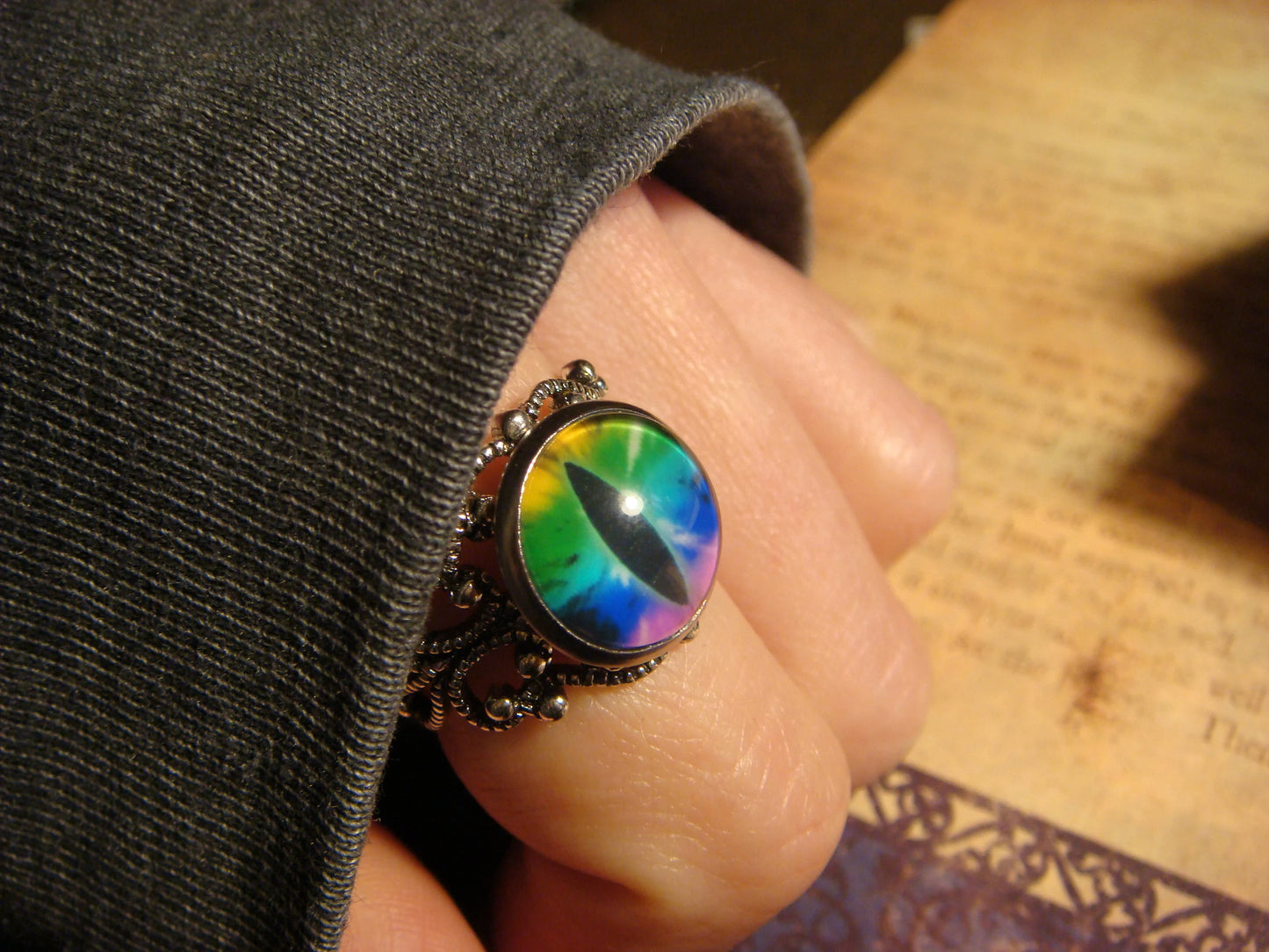 Colorful Eye Image Filigree Ring in Antique Silver - Adjustable
