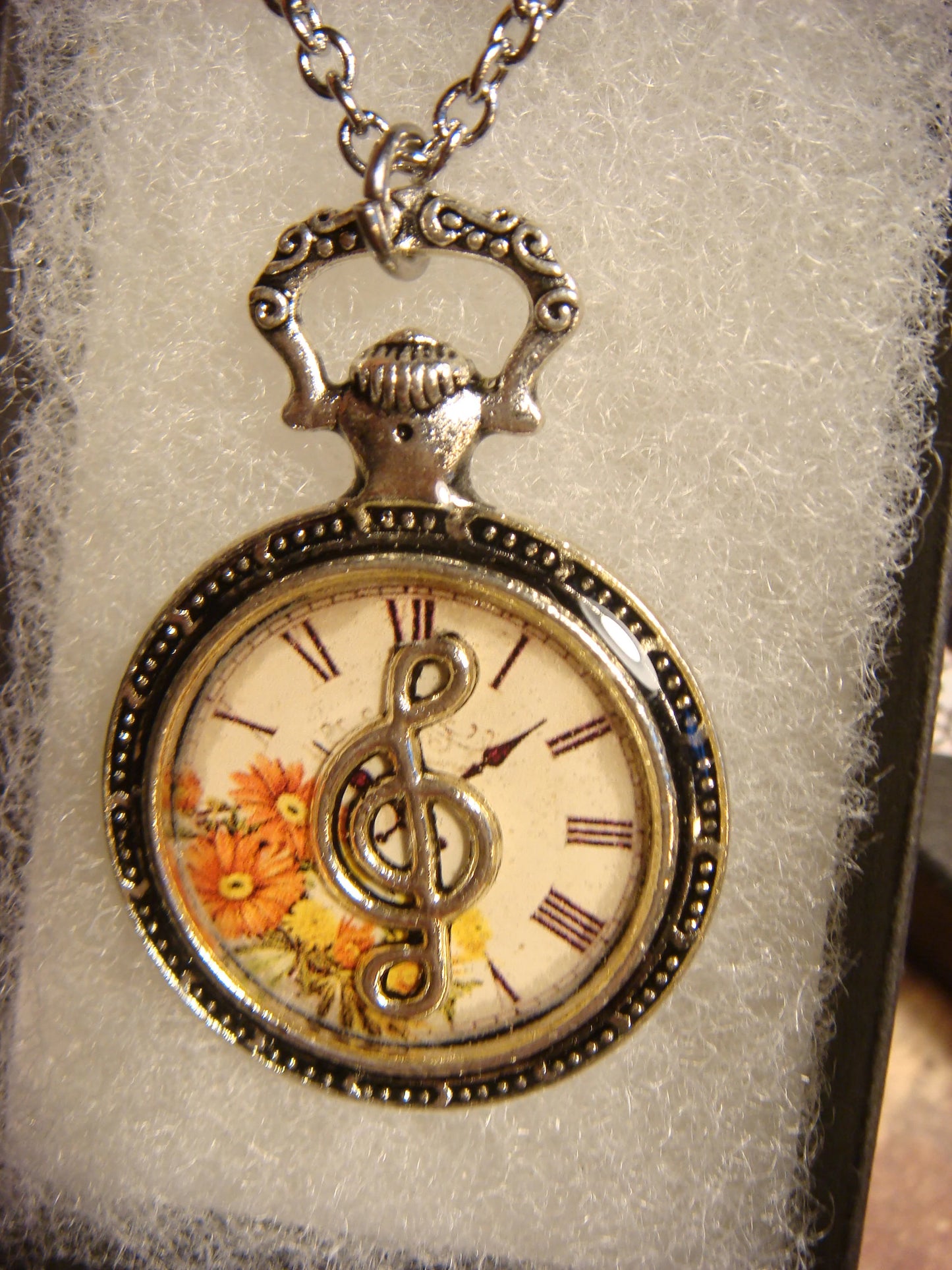 Treble Clef over Floral Clock Pocket Watch Pendant Necklace