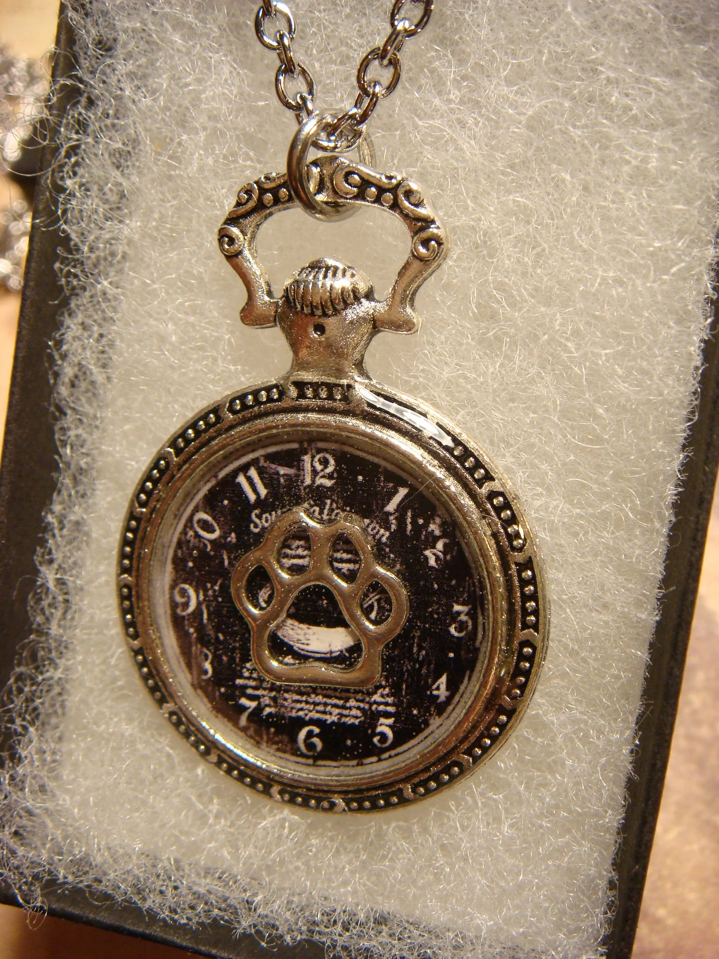 Paw over Clock Pocket Watch Pendant Necklace