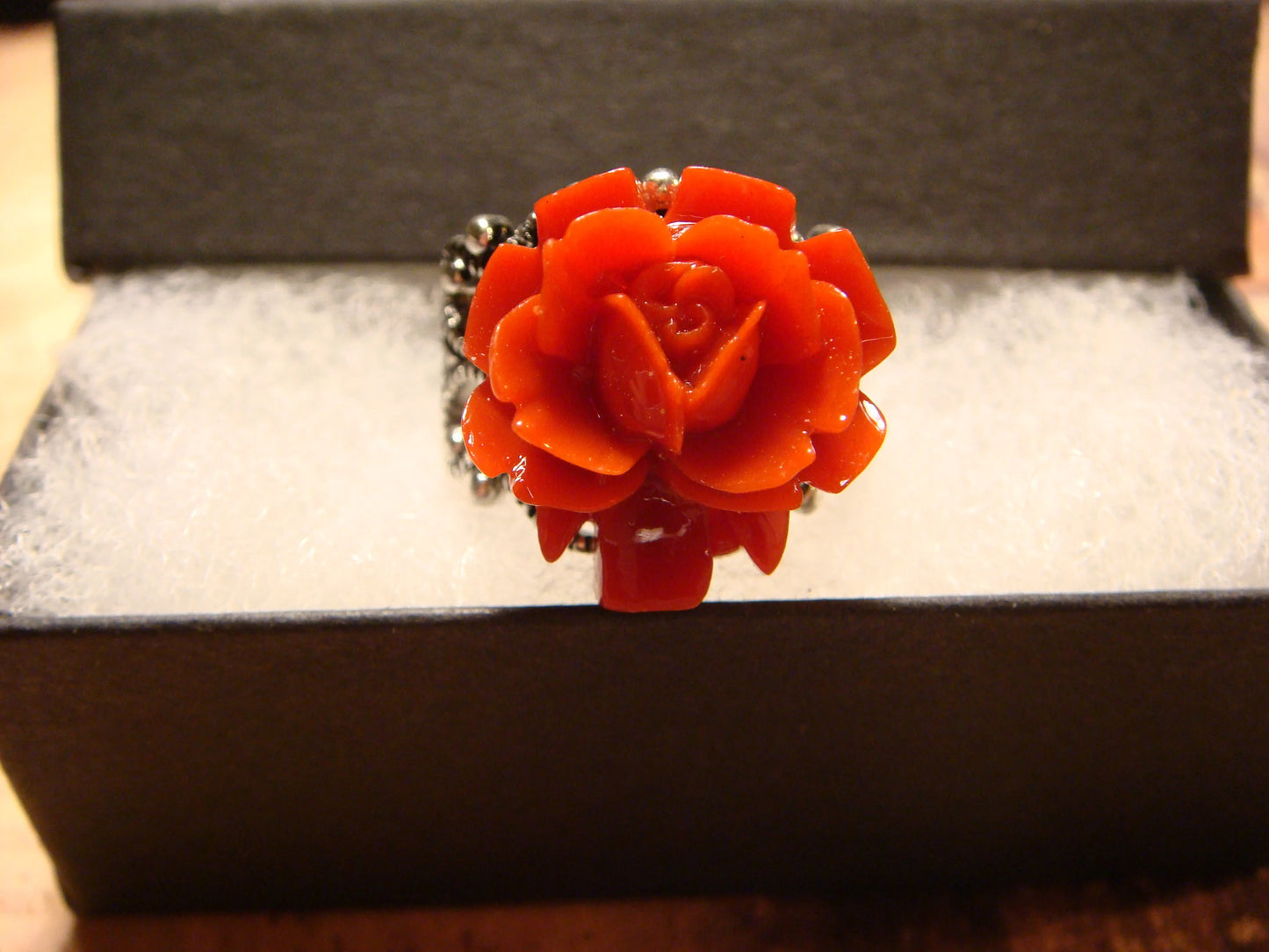 Red Rose Filigree Ring in Antique Silver - Adjustable