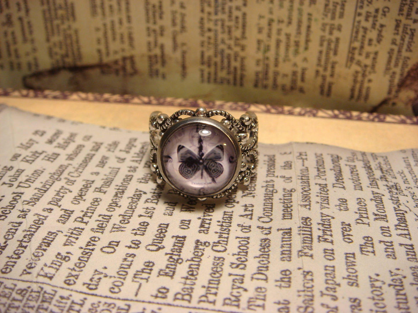 Butterfly Clock Image Filigree Ring in Antique Silver - Adjustable