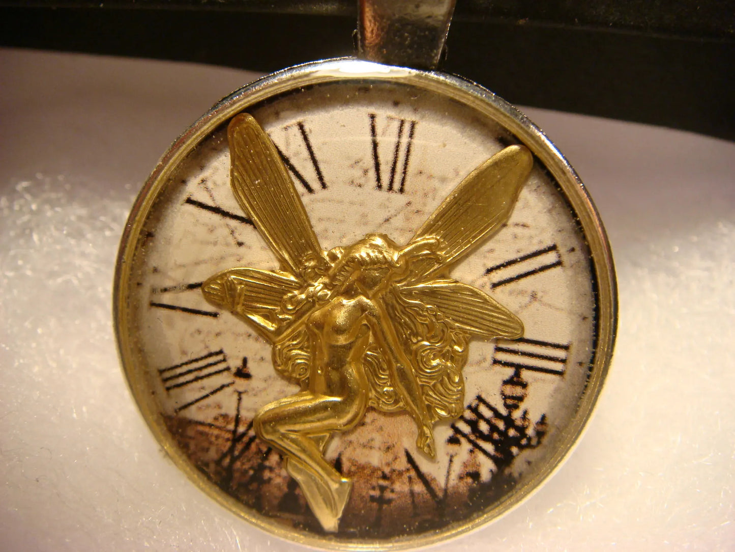 Fairy over Victorian Clock Pendant Necklace