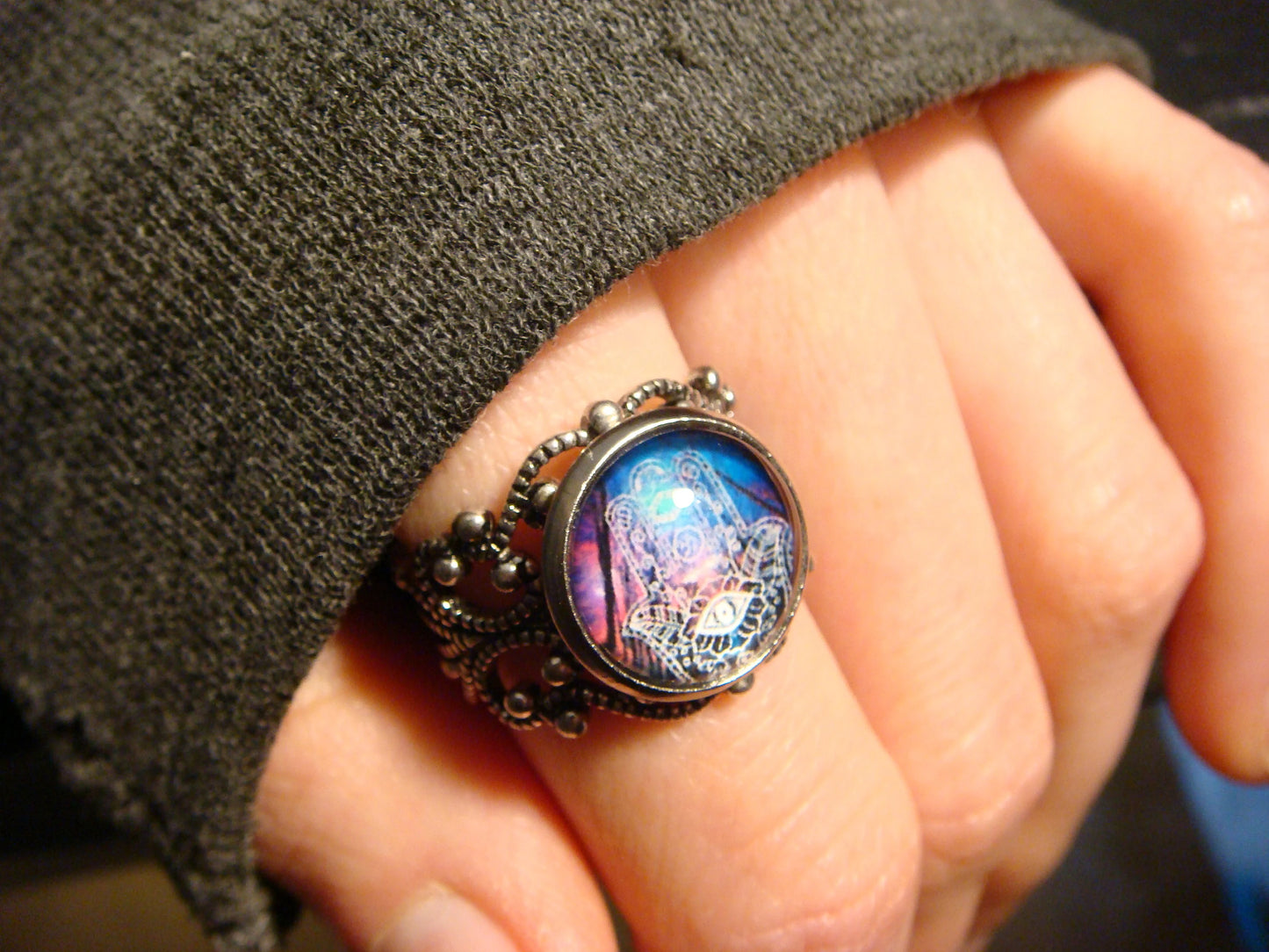 Colorful Hamsa Image Filigree Ring in Antique Silver - Adjustable