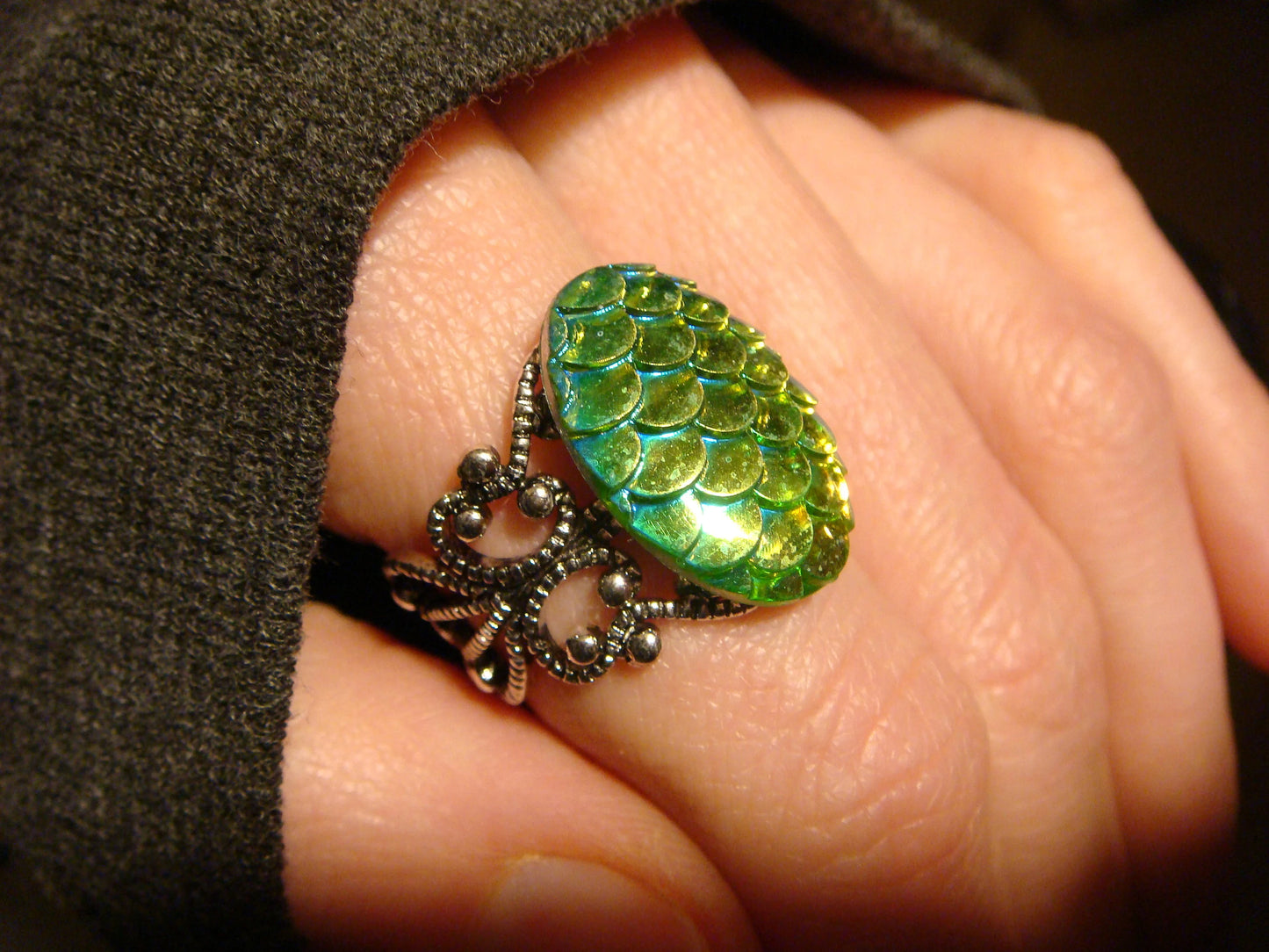 Iridescent Green-Blue Scales Filigree Ring in Antique Silver - Adjustable