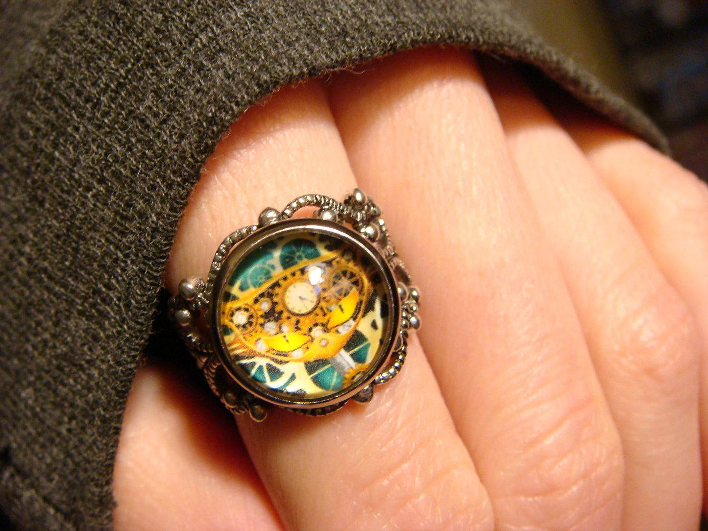 Steampunk Cat Image Filigree Ring in Antique Silver - Adjustable