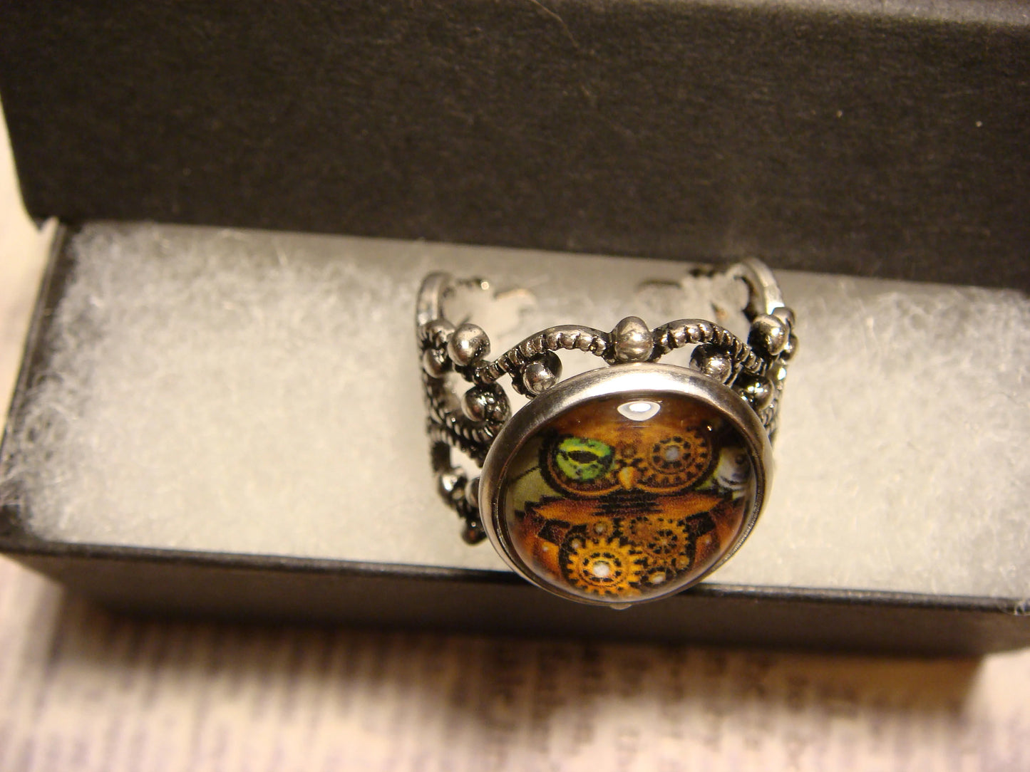 Steampunk Owl Image Filigree Ring in Antique Silver - Adjustable