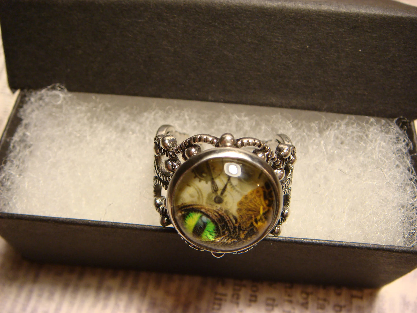 Steampunk Eye Image Filigree Ring in Antique Silver - Adjustable