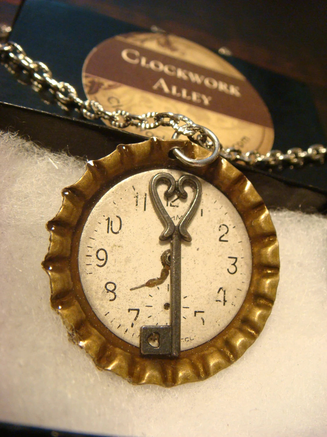 Key over Watch Face in Bottle Cap Necklace
