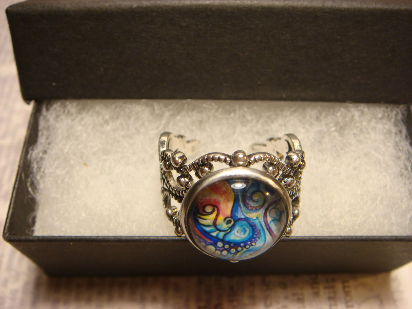 Octopus Swirl Image Filigree Ring in Antique Silver - Adjustable