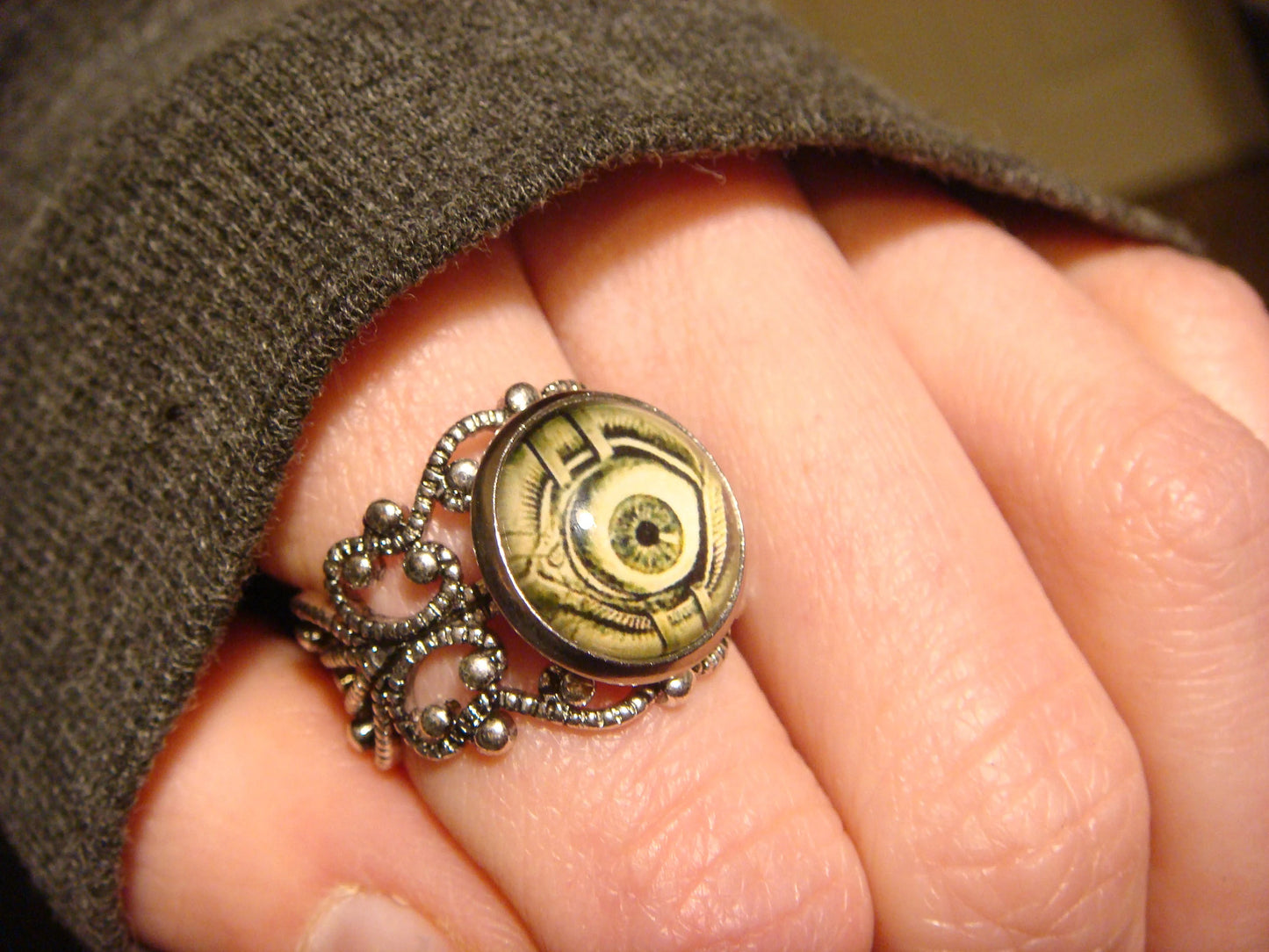 Eyeball Image Filigree Ring in Antique Silver - Adjustable