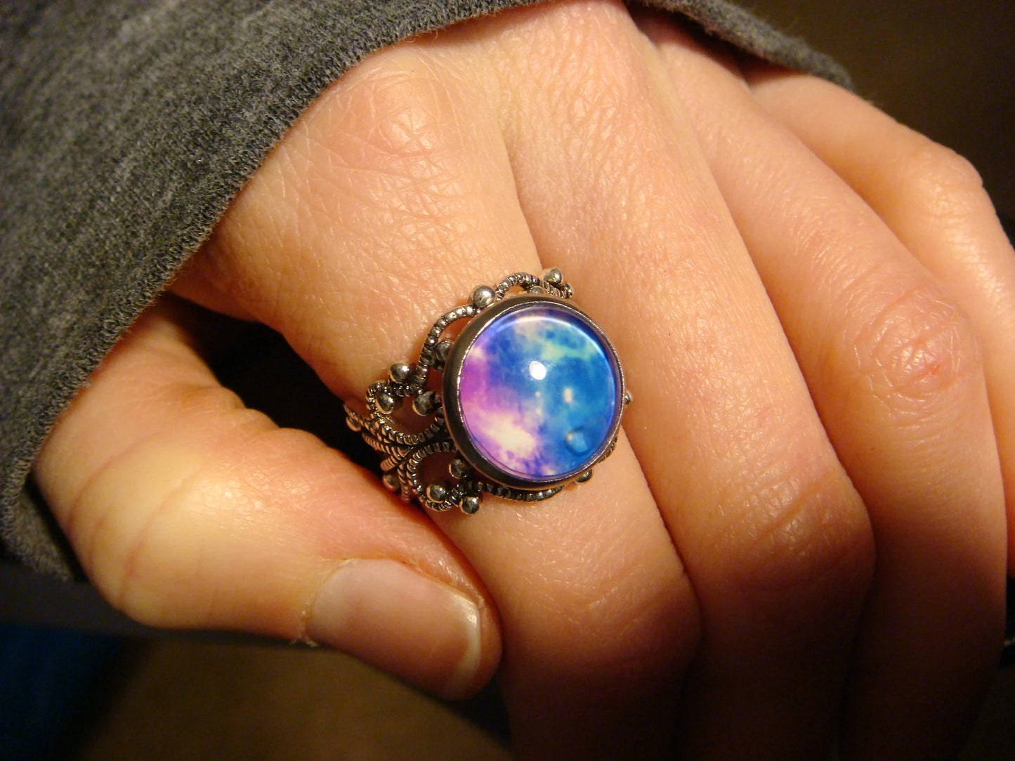 Nebula Galaxy Image Filigree Ring in Antique Silver - Adjustable