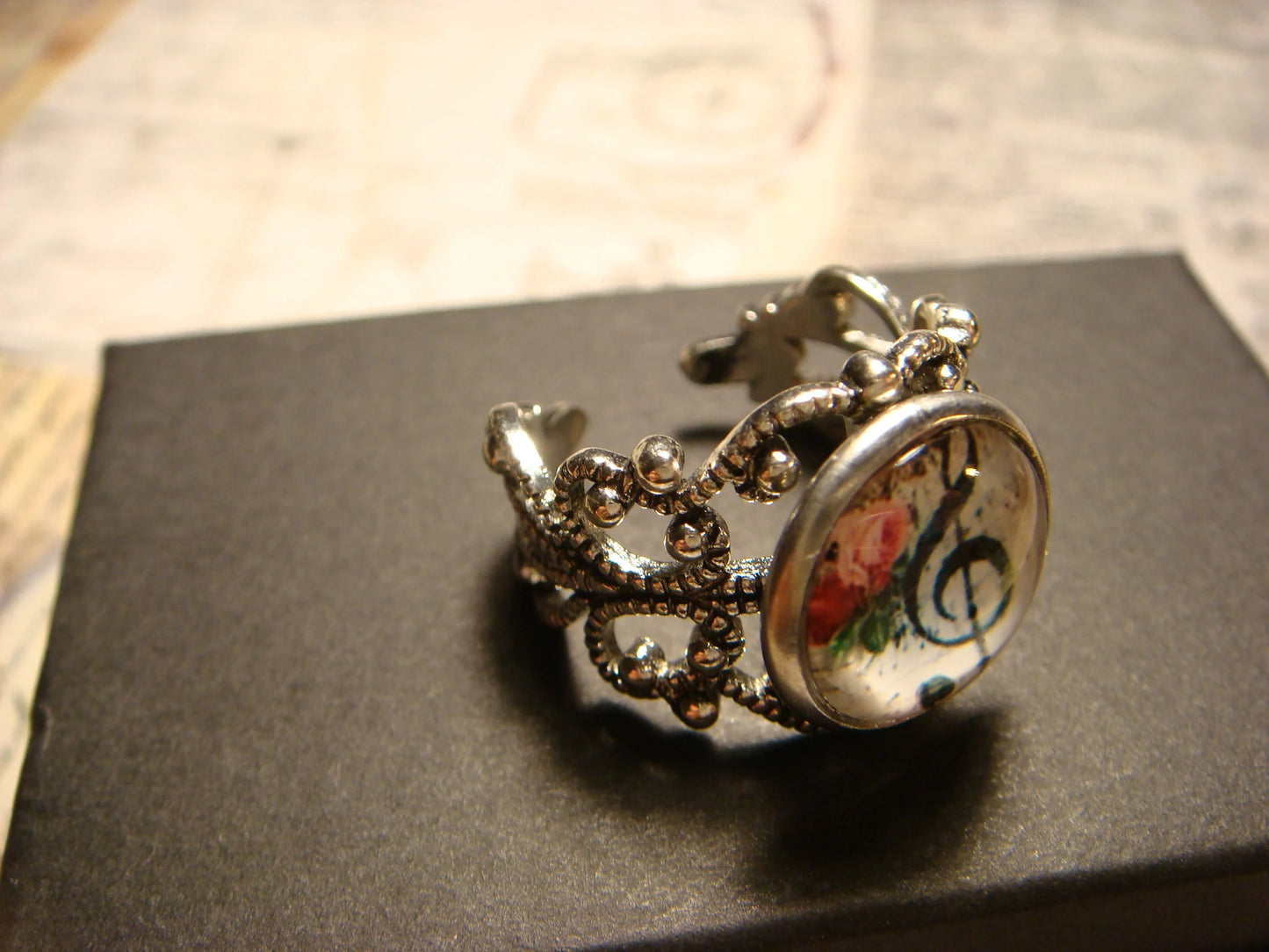 Floral Treble Clef Image Filigree Ring in Antique Silver - Adjustable