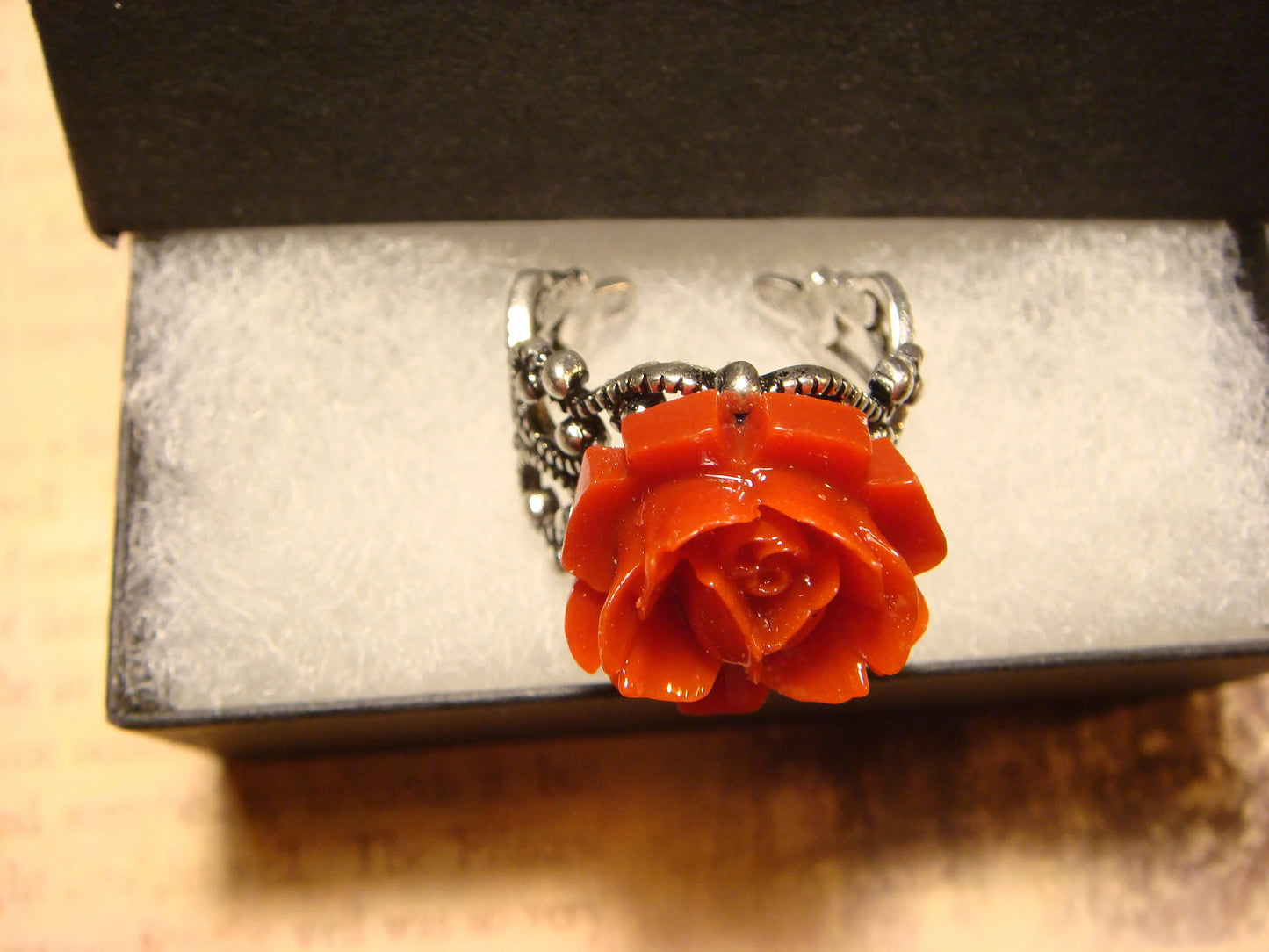 Red Rose Filigree Ring in Antique Silver - Adjustable