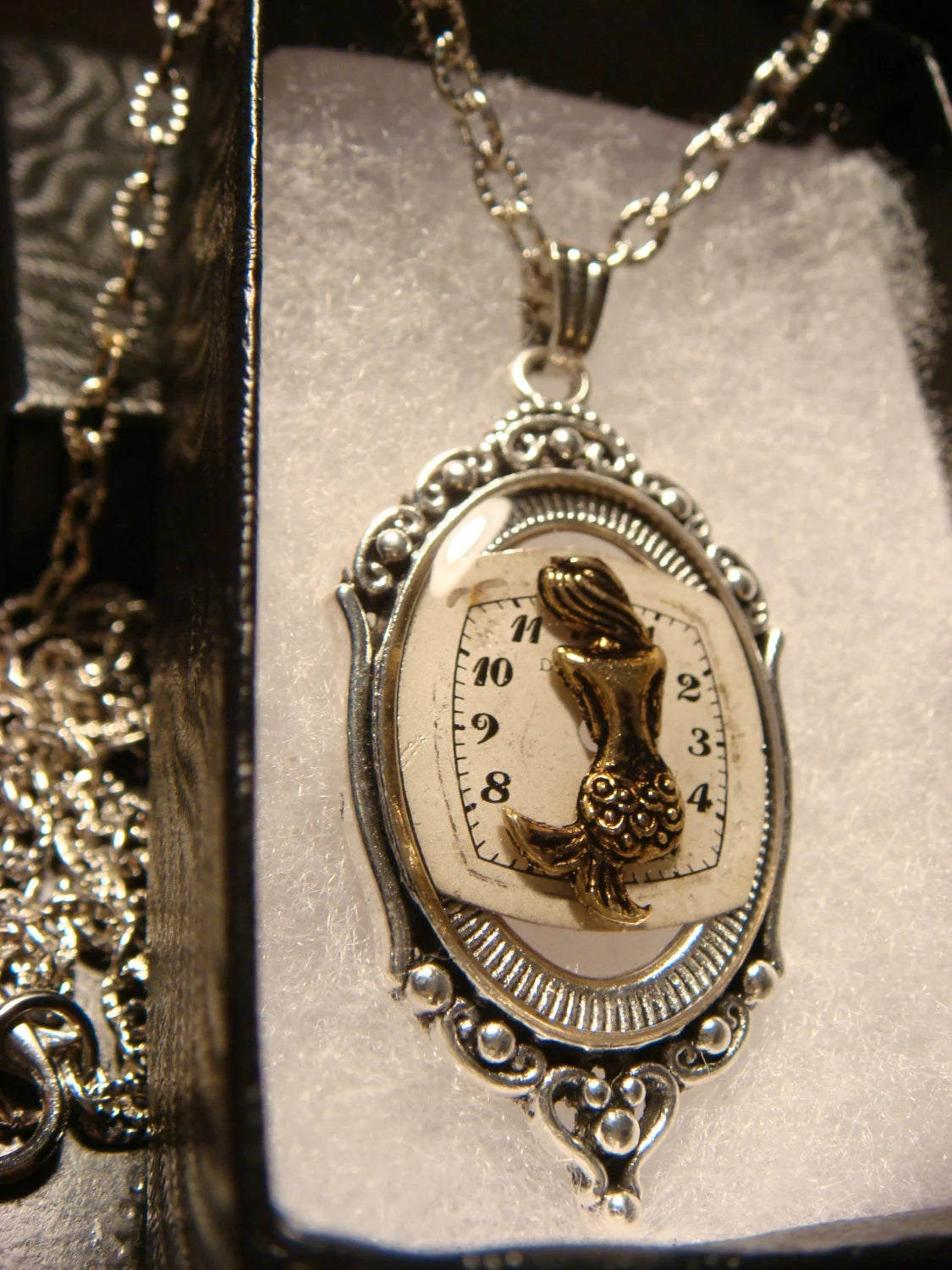Mermaid over Watch Face in See-thru Ornate Necklace