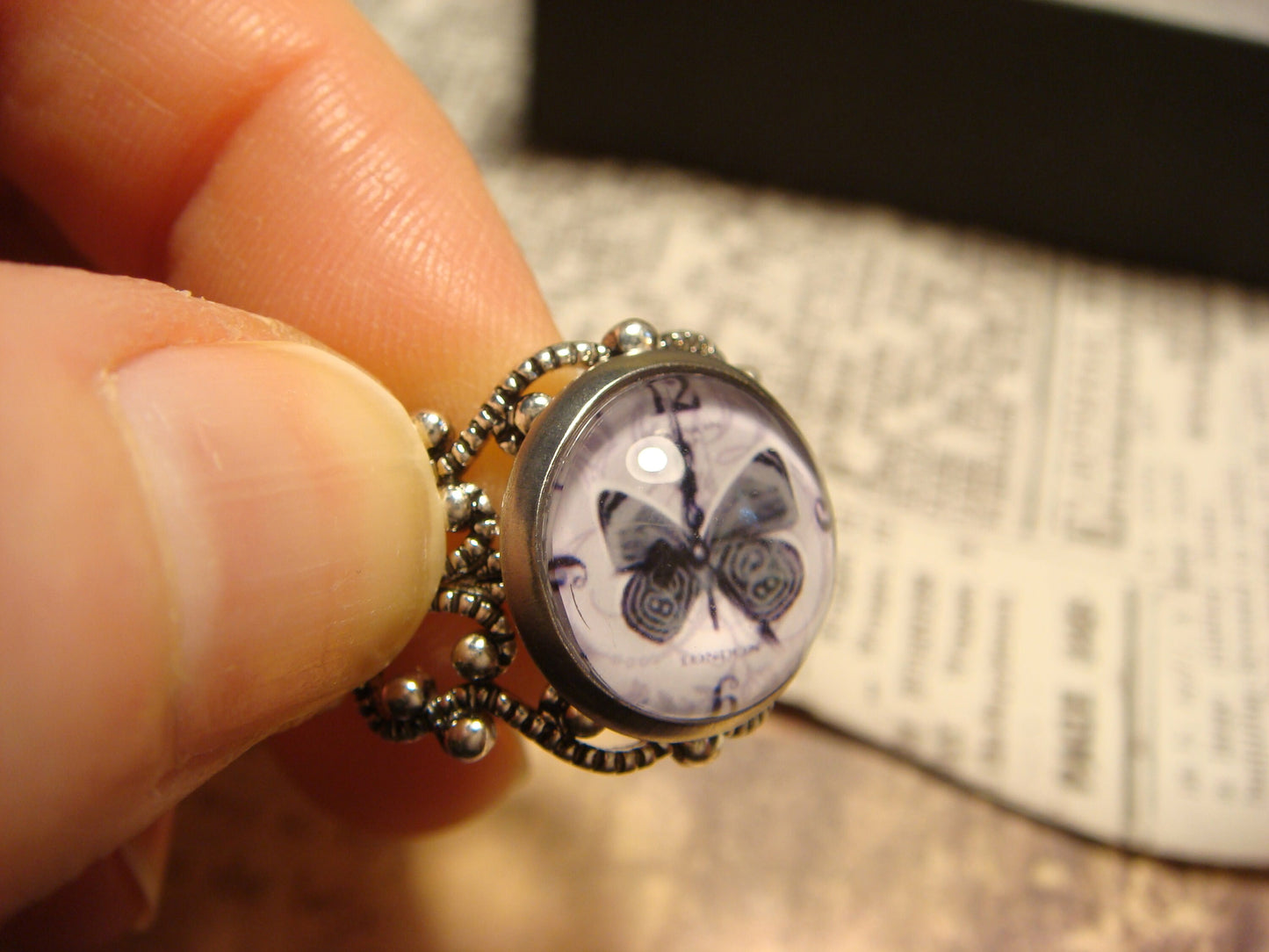 Butterfly Clock Image Filigree Ring in Antique Silver - Adjustable