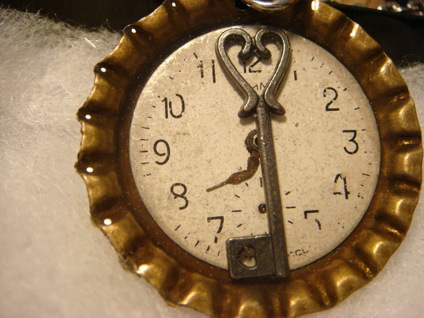 Key over Watch Face in Bottle Cap Necklace