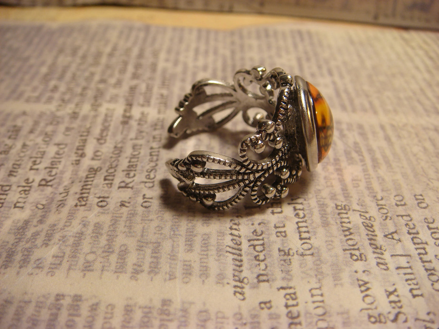 Honeycomb Bee Image Filigree Ring in Antique Silver - Adjustable