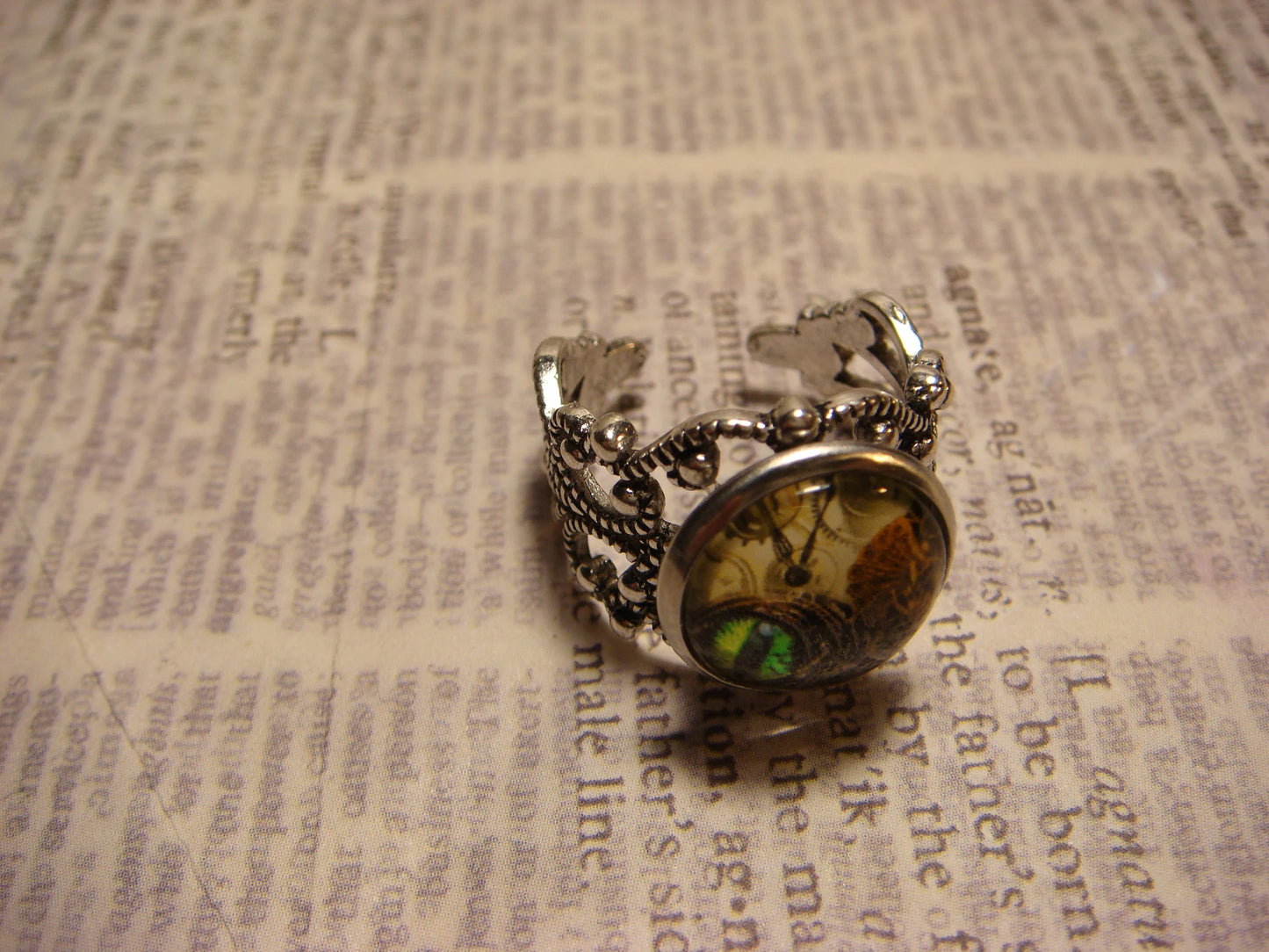 Steampunk Eye Image Filigree Ring in Antique Silver - Adjustable