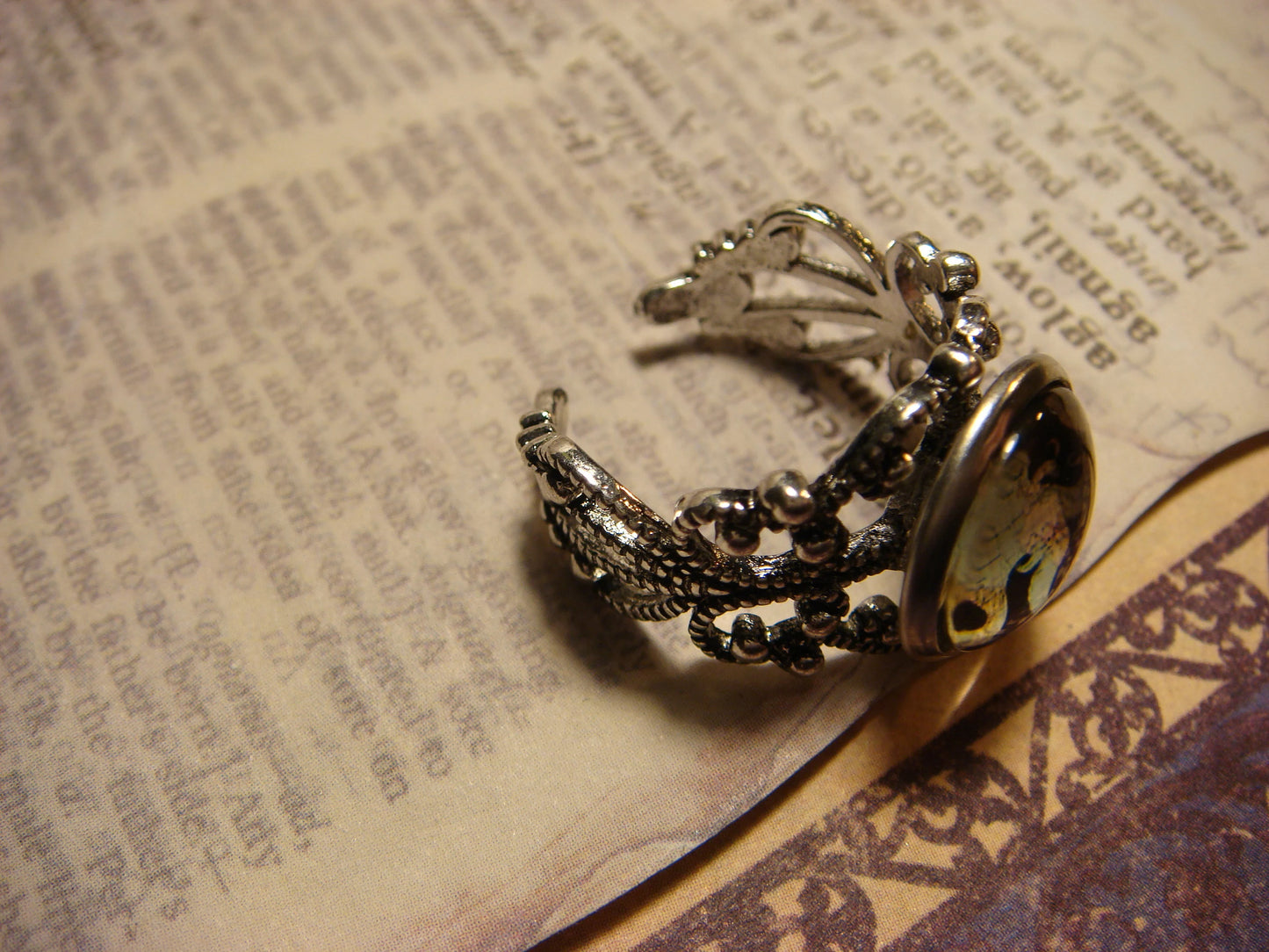 Octopus Map Image Filigree Ring in Antique Silver - Adjustable