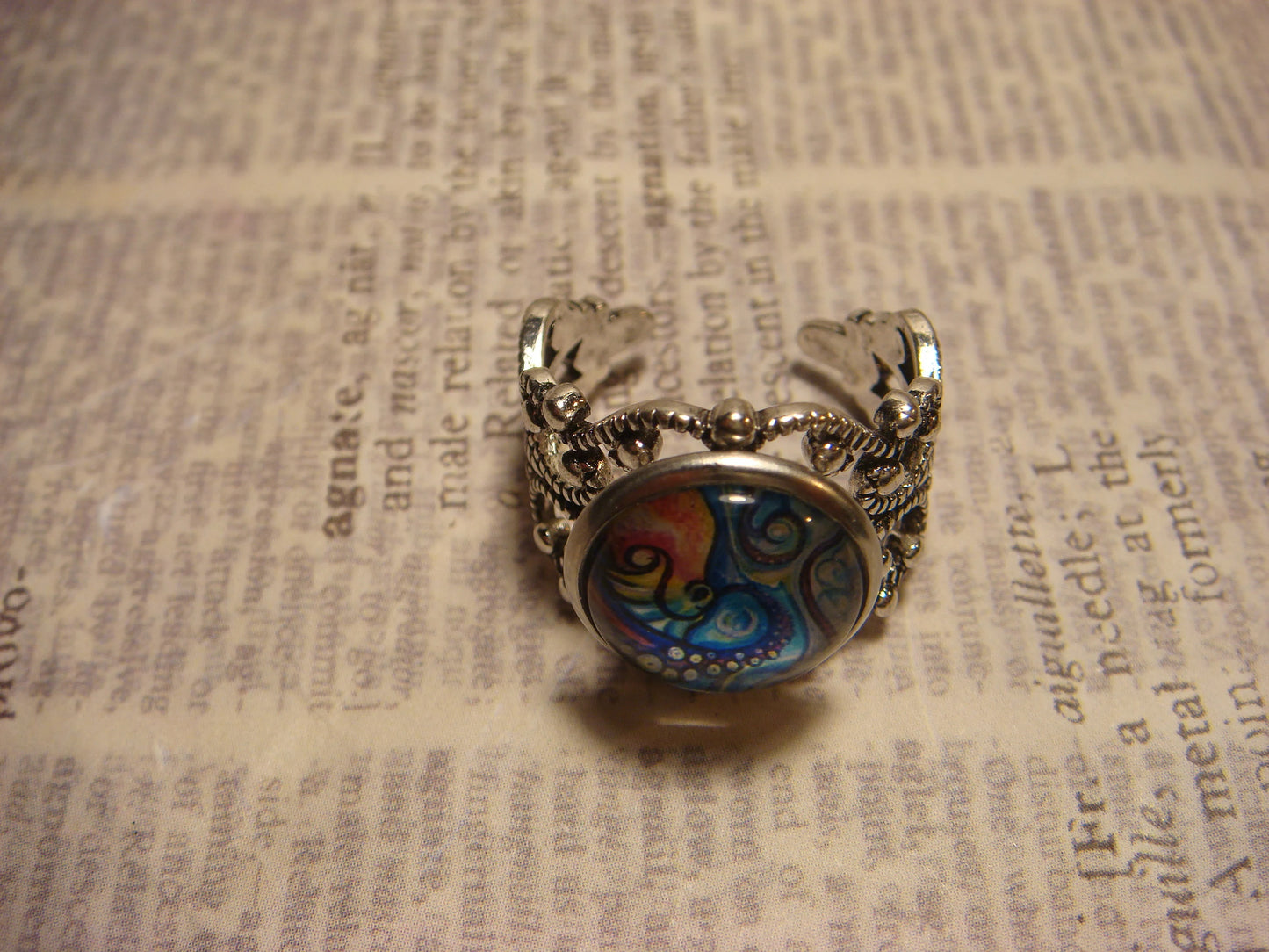 Octopus Swirl Image Filigree Ring in Antique Silver - Adjustable
