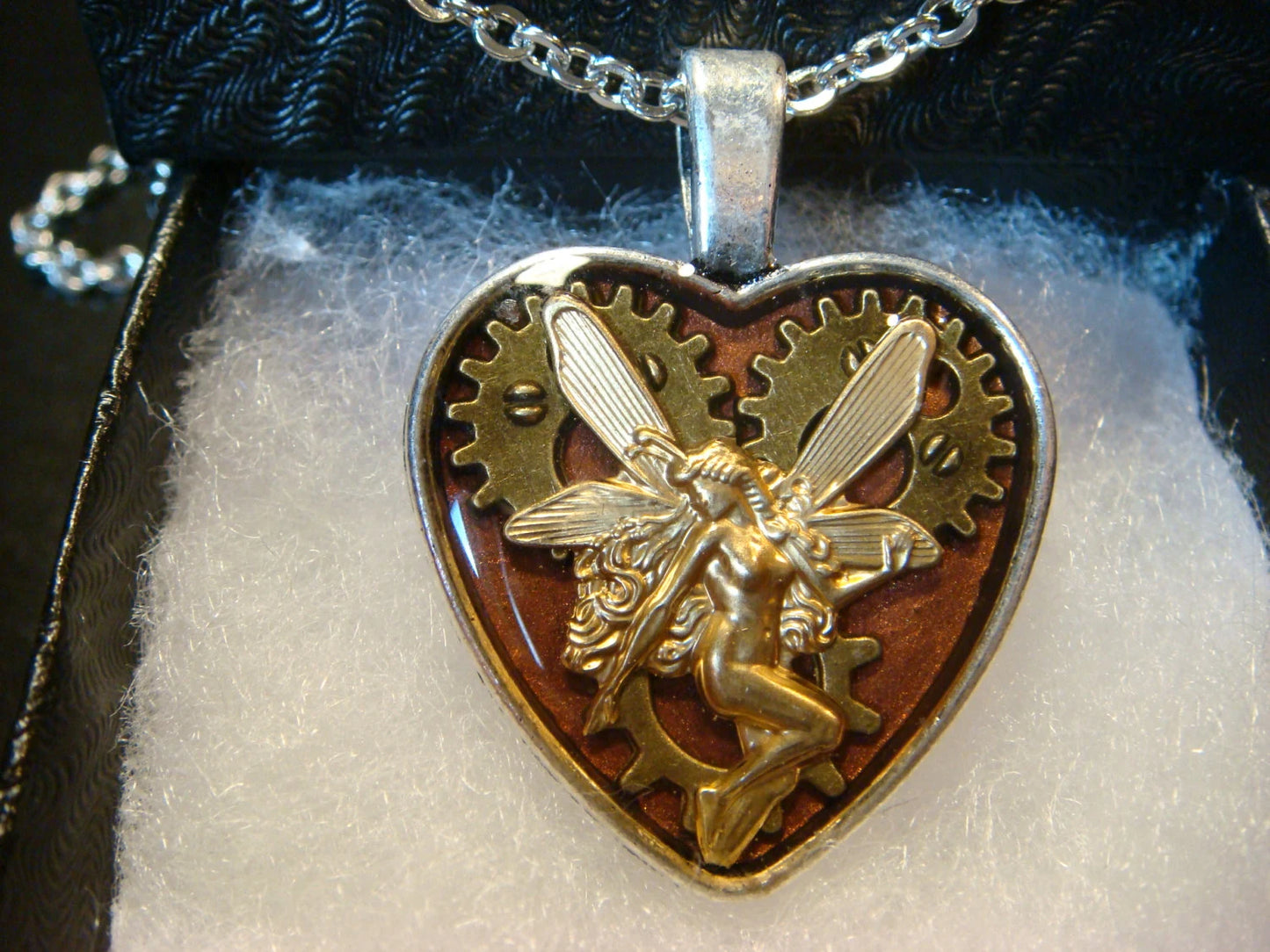 Fairy with Gears in Heart Pendant Necklace