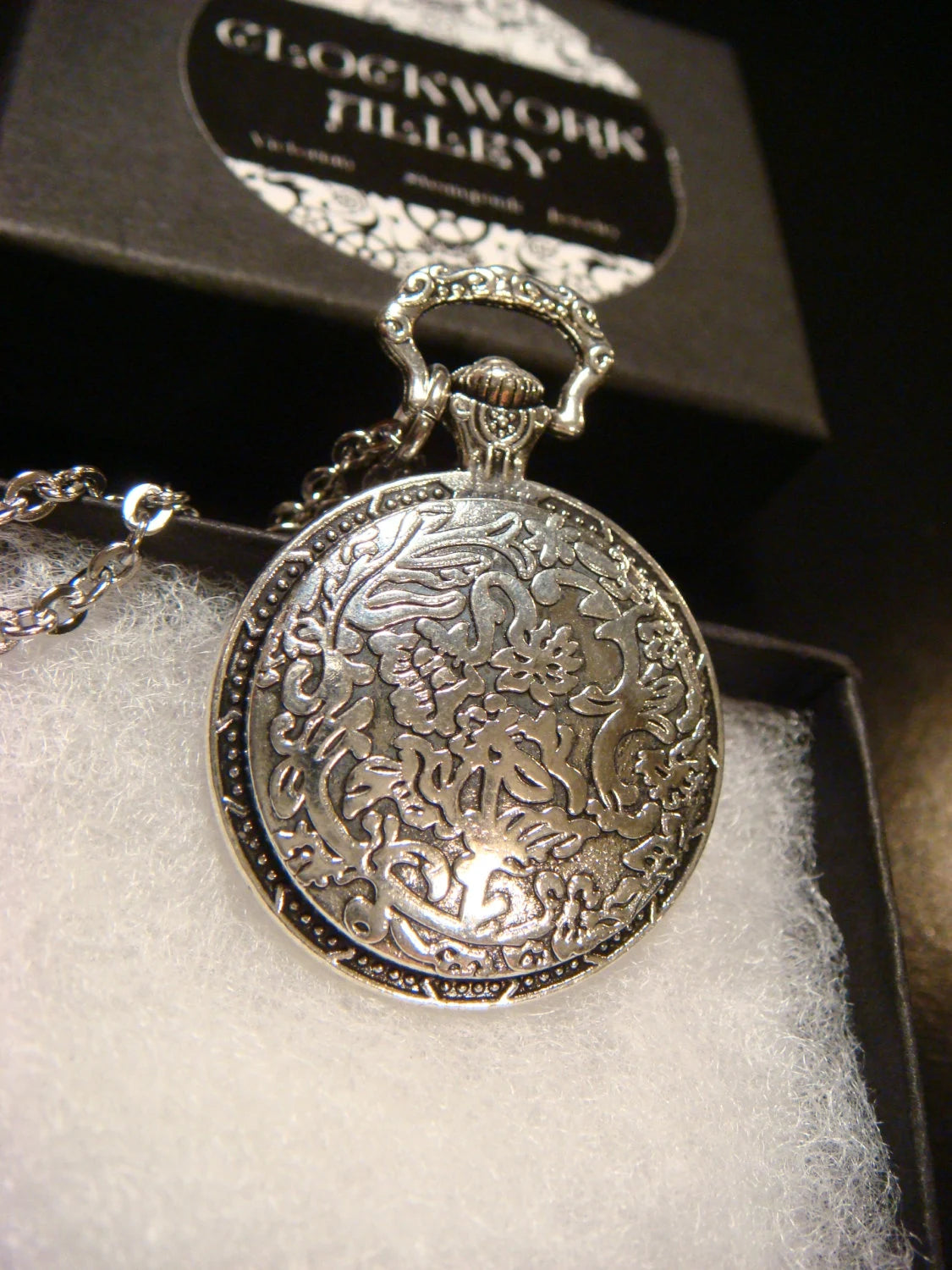Sun and Moon over Etched Gear Pocket Watch Style Pendant Necklace