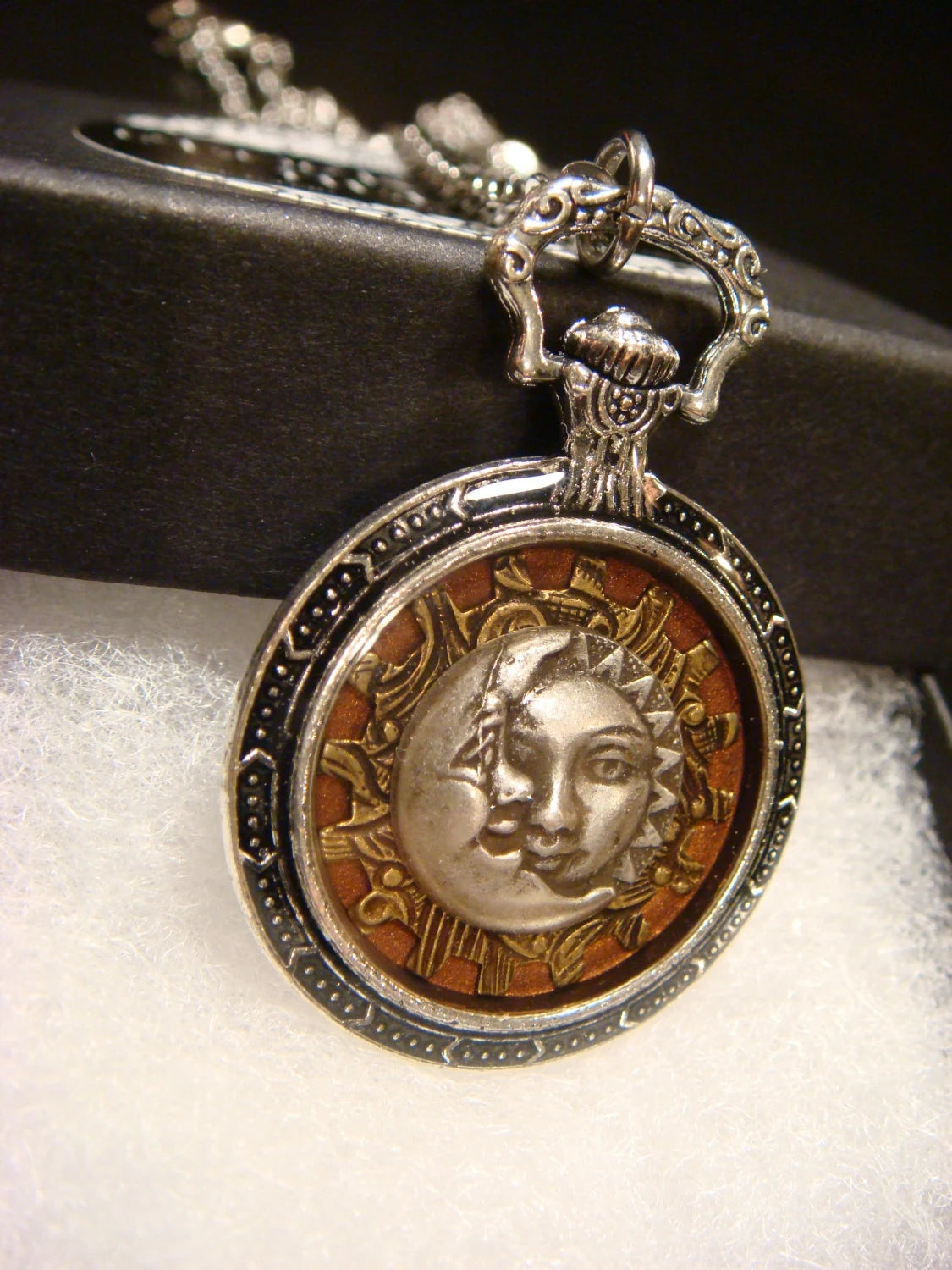 Sun and Moon over Etched Gear Pocket Watch Style Pendant Necklace