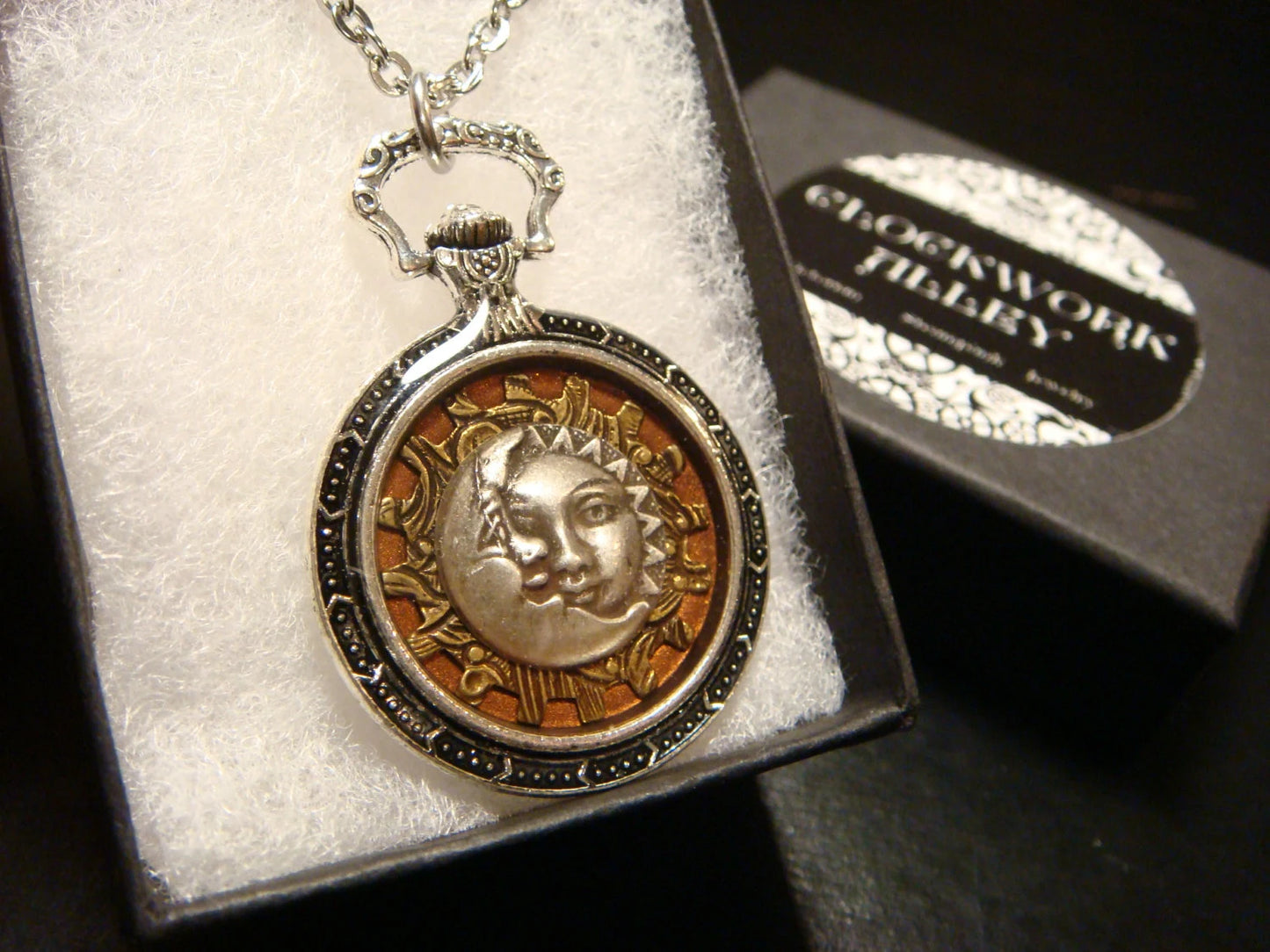 Sun and Moon over Etched Gear Pocket Watch Style Pendant Necklace