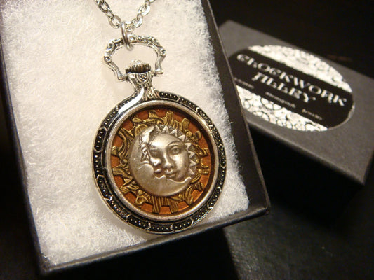 Sun and Moon over Etched Gear Pocket Watch Style Pendant Necklace
