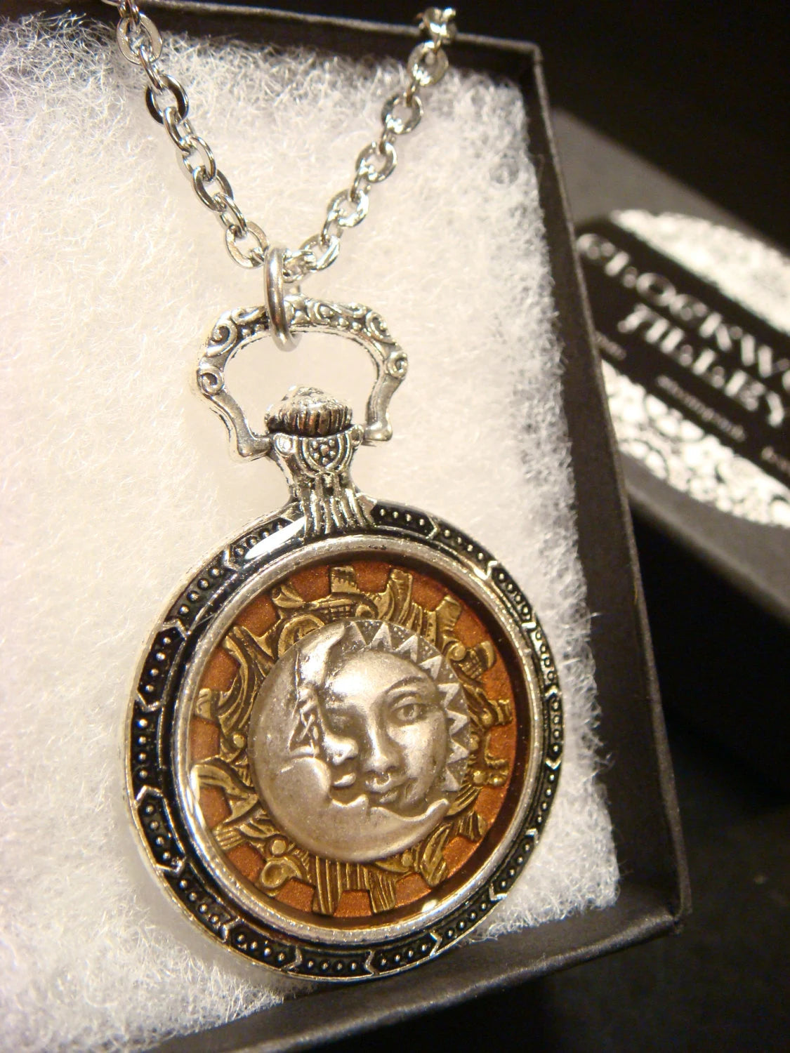 Sun and Moon over Etched Gear Pocket Watch Style Pendant Necklace