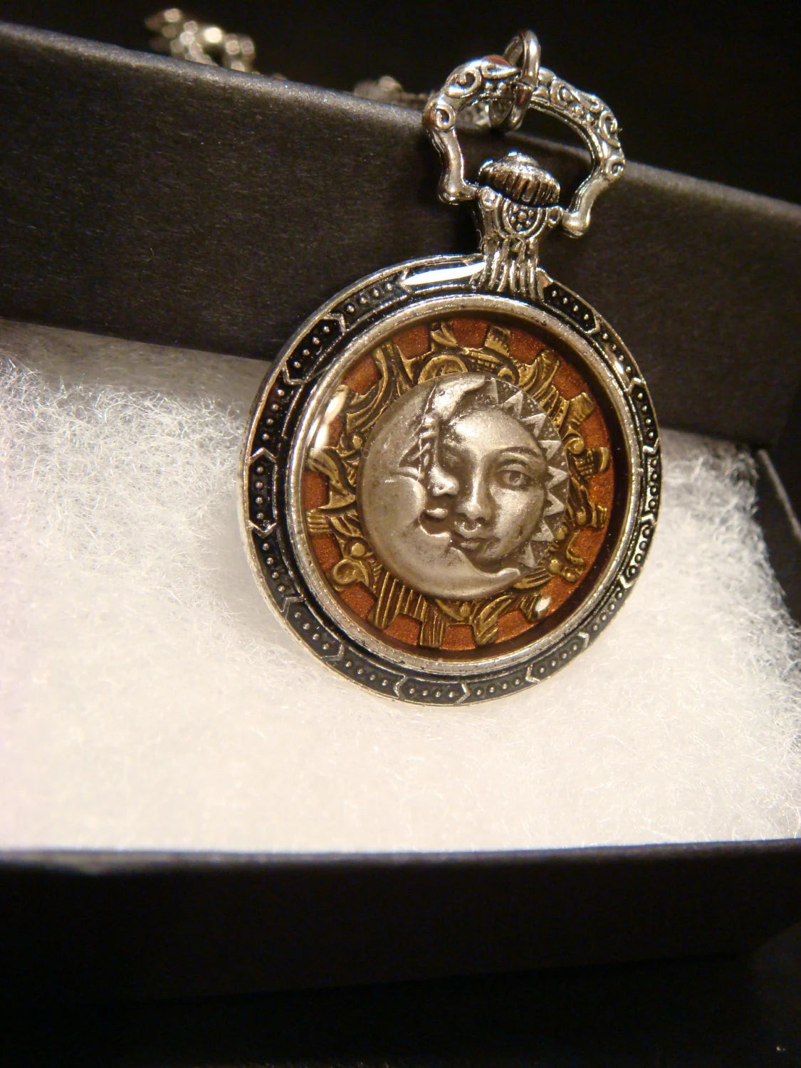 Sun and Moon over Etched Gear Pocket Watch Style Pendant Necklace